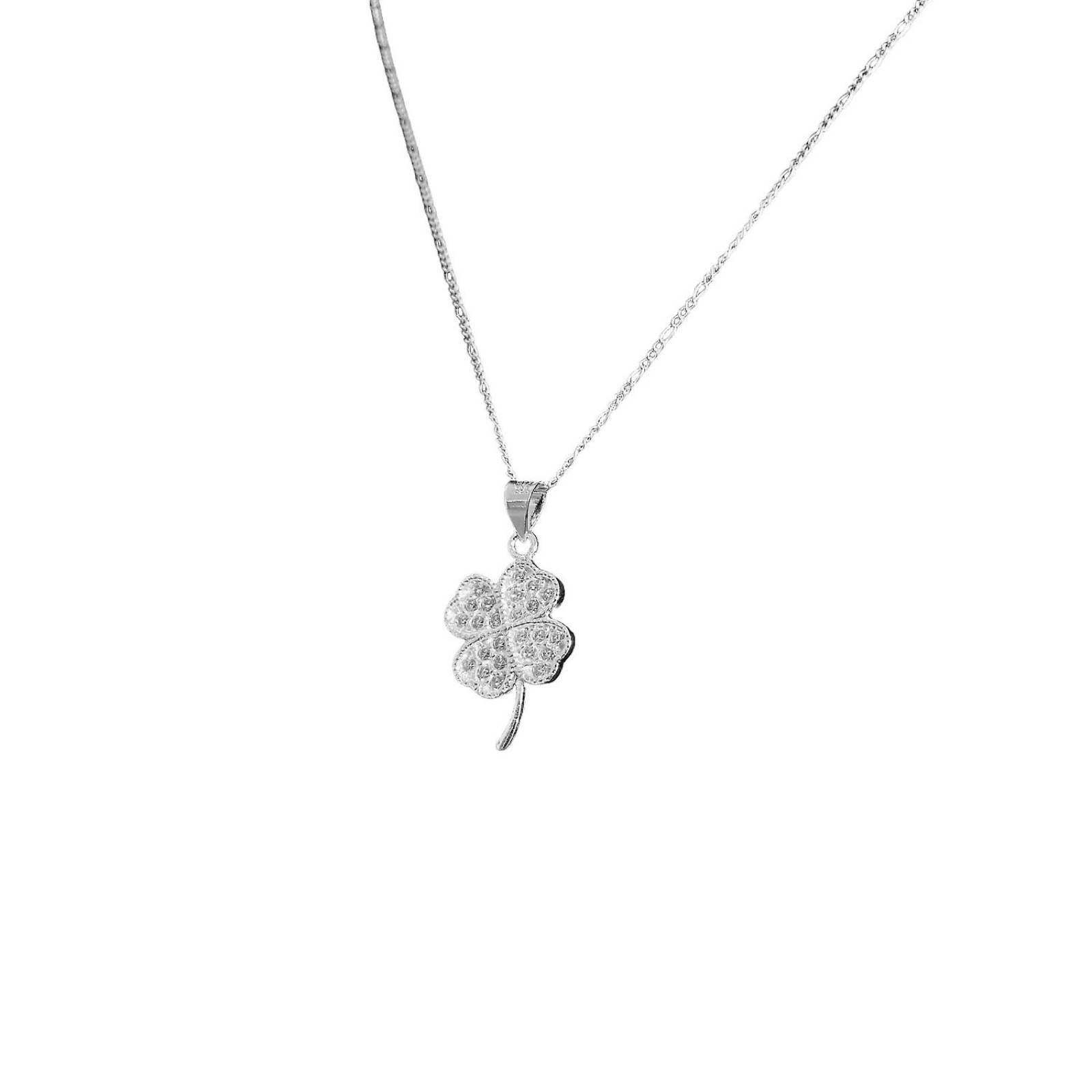 Collar Corazones Trebol 4 hojas Zirconias Plata Ley 925 Blanco Alto / Ancho 3 cm x 1.5 cm 3 cm x 1.5 cm