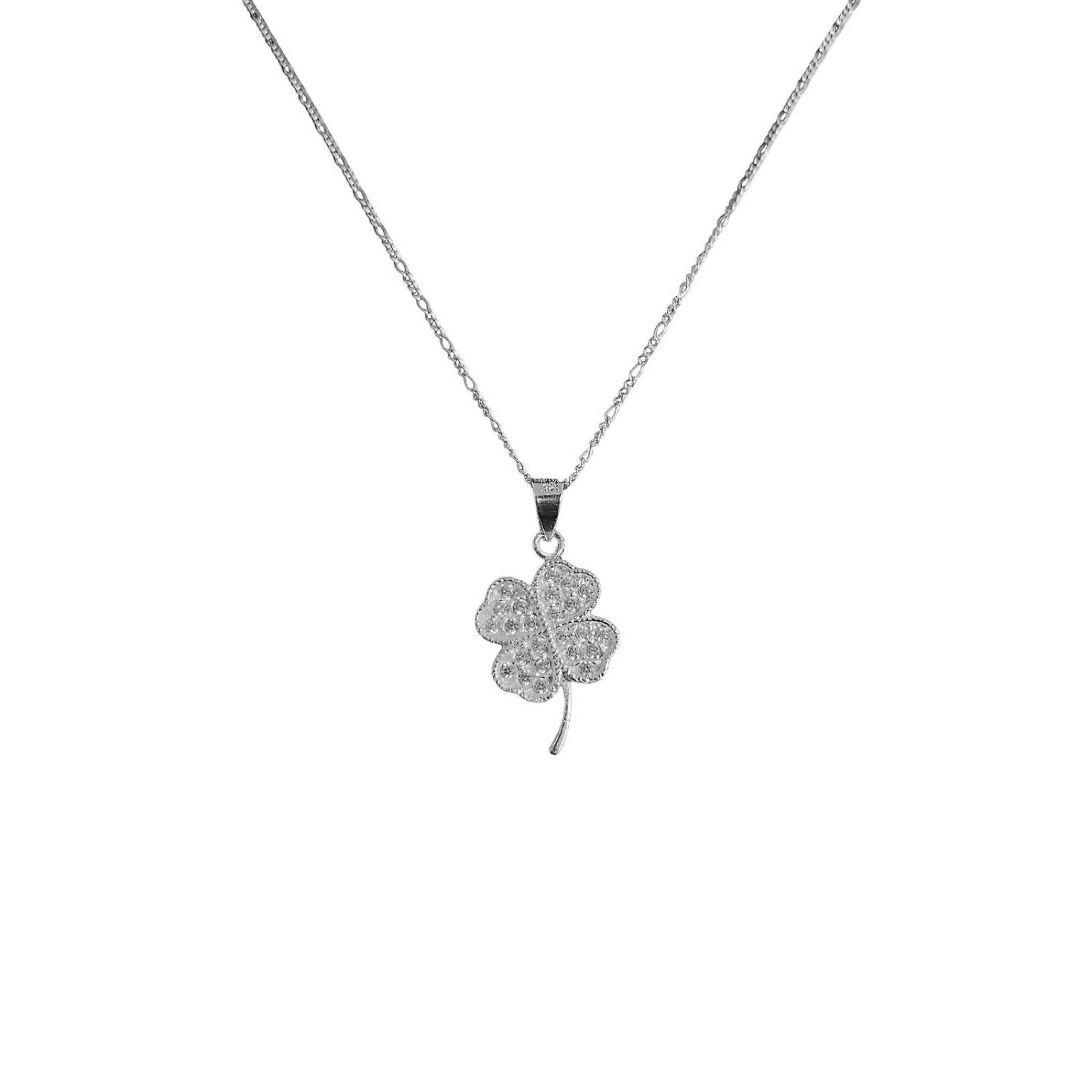 Collar Corazones Trebol 4 hojas Zirconias Plata Ley 925 Blanco Alto / Ancho 3 cm x 1.5 cm 3 cm x 1.5 cm