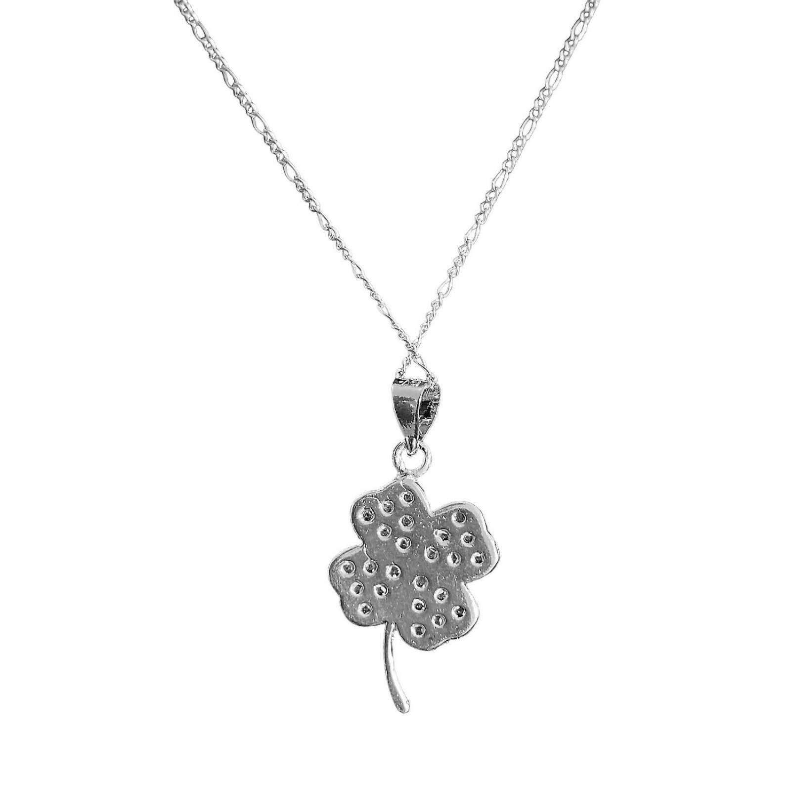Collar Corazones Trebol 4 hojas Zirconias Plata Ley 925 Blanco Alto / Ancho 3 cm x 1.5 cm 3 cm x 1.5 cm