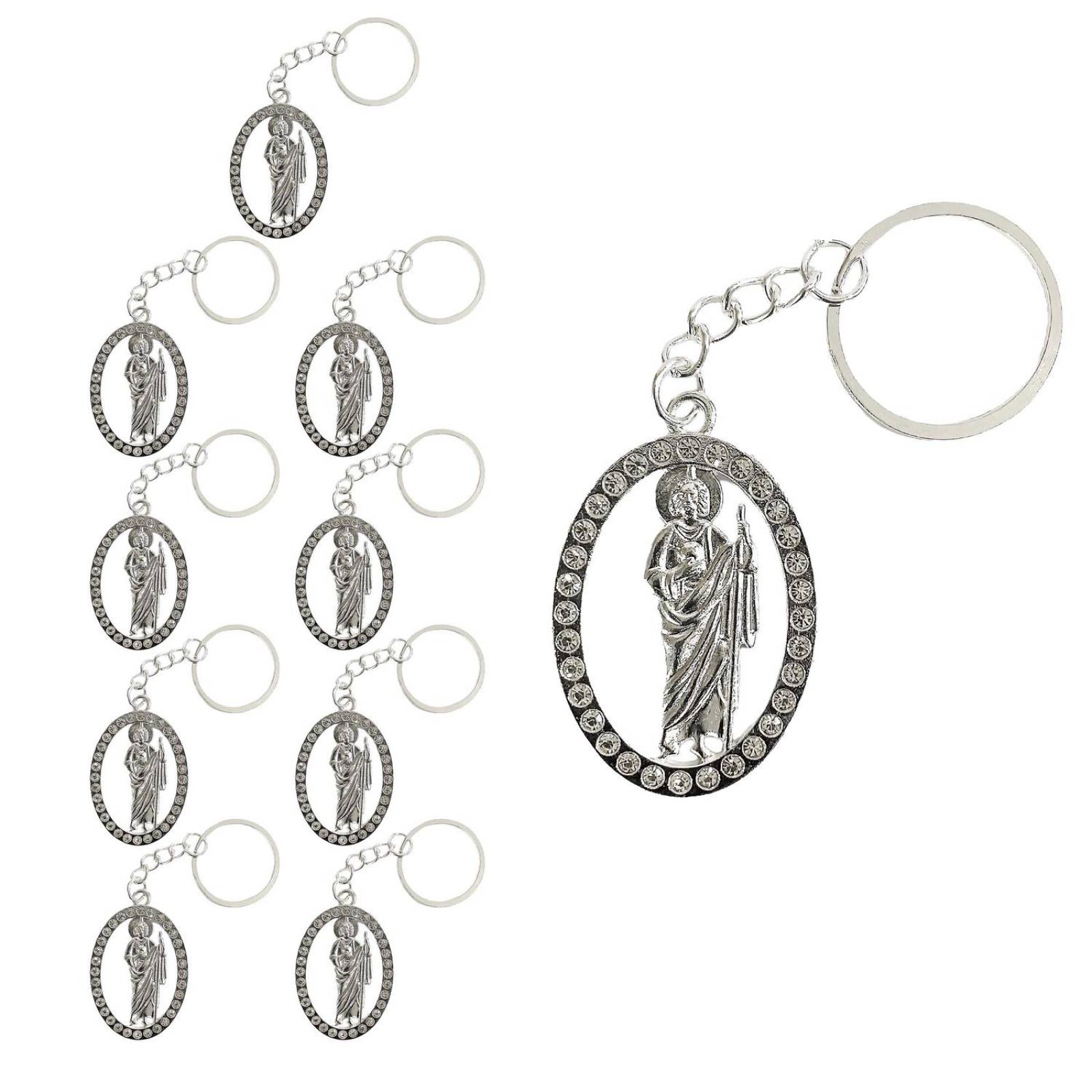 12 Piezas Llaveros San Judas Tadeo Con Piedras Metal Plata 