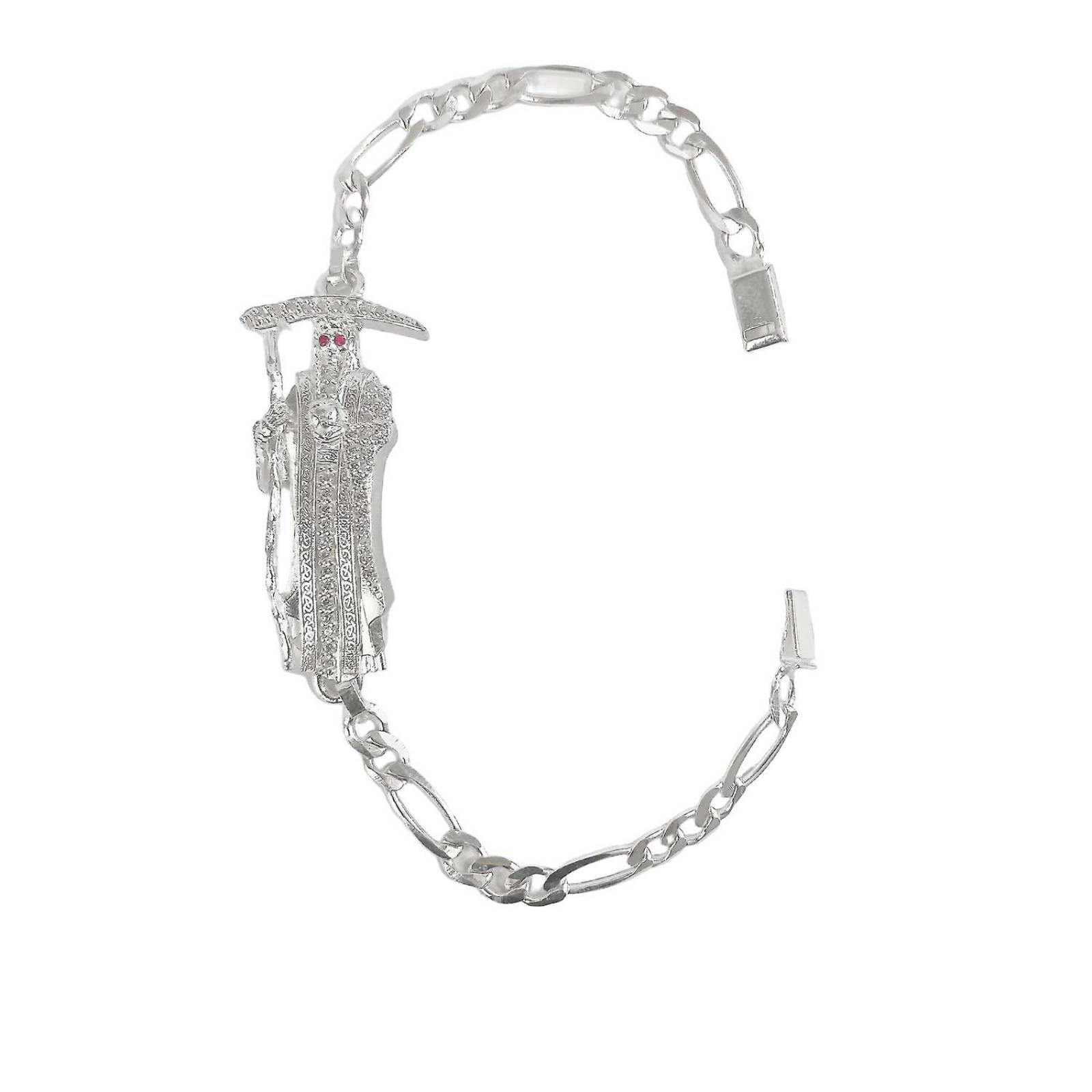 Pulsera Santa Muerte Esclava Zirconias Plata Solida Ley S925 Gris Largo/Ancho: 18.5 cm x 4 mm 6 cm - 18.5 cm