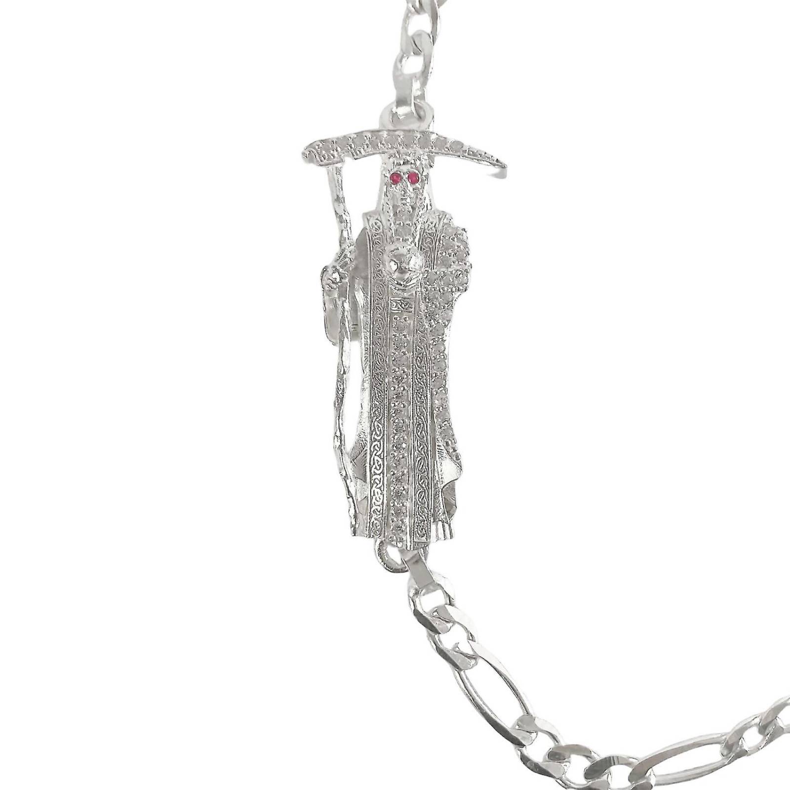 Pulsera Santa Muerte Esclava Zirconias Plata Solida Ley S925 Gris Largo/Ancho: 18.5 cm x 4 mm 6 cm - 18.5 cm