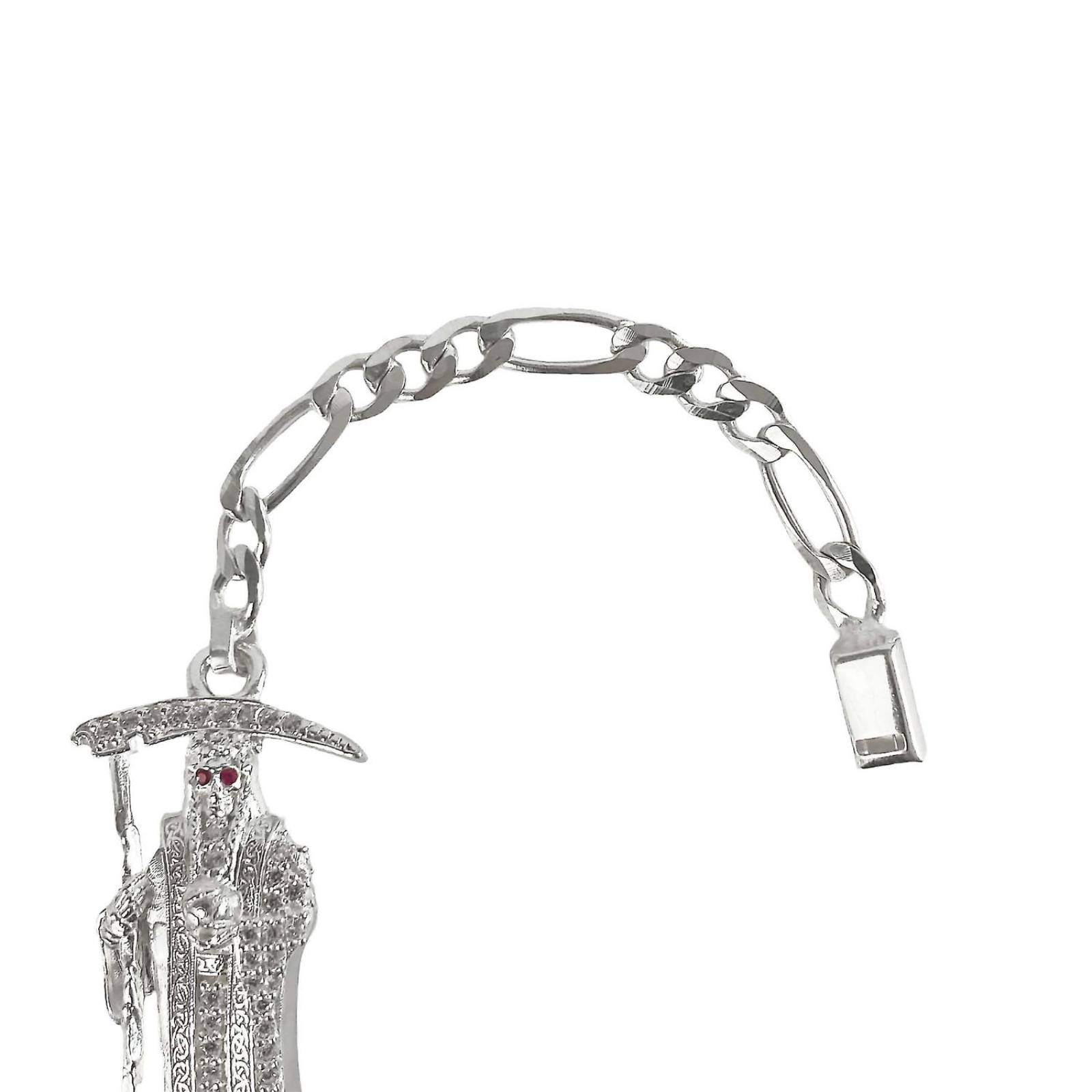 Pulsera Santa Muerte Esclava Zirconias Plata Solida Ley S925 Gris Largo/Ancho: 18.5 cm x 4 mm 6 cm - 18.5 cm
