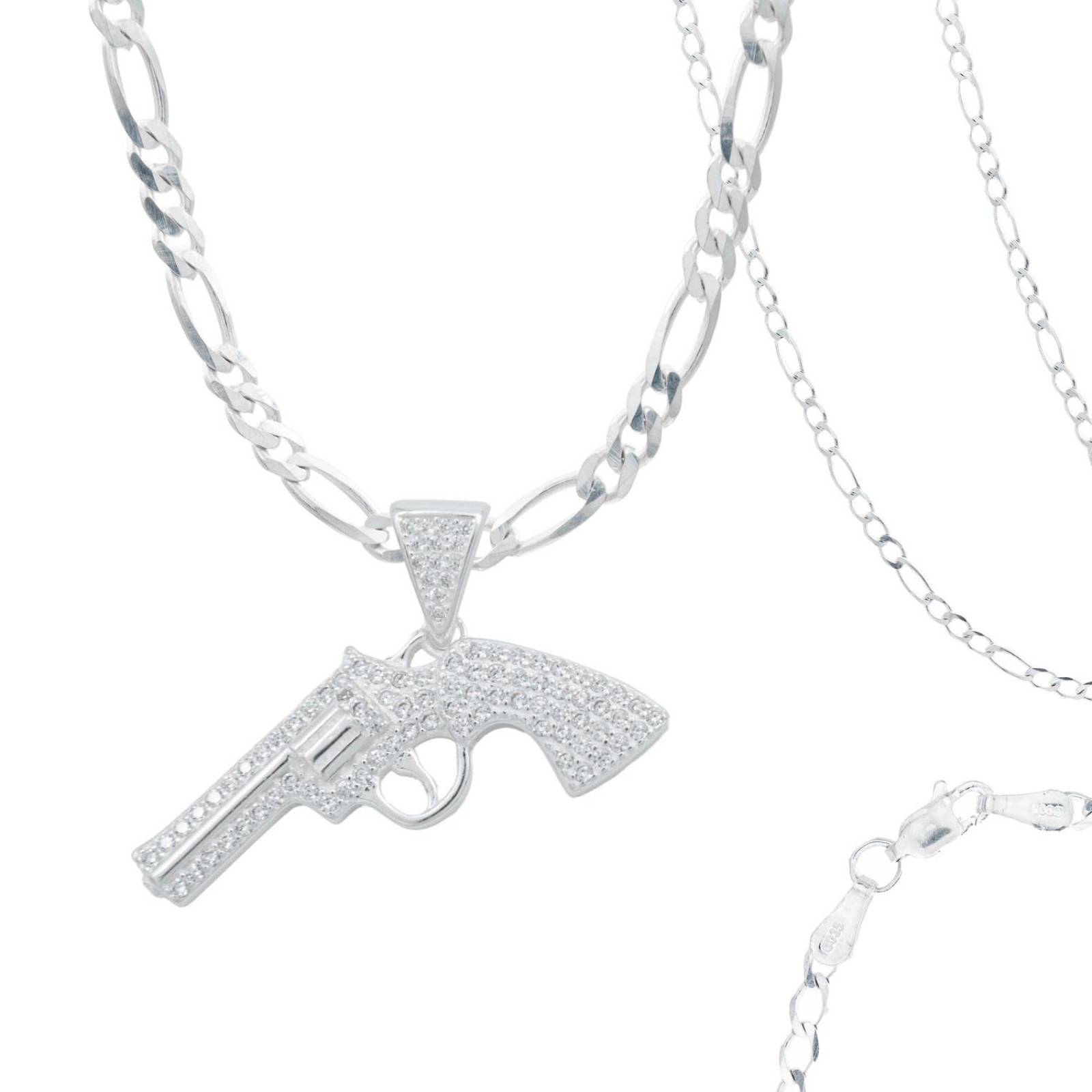 Collar Cadena Hombre Hiphop Revolver Gangster Plata 925 Blanco Alto/Ancho 2.9 cm x 4 cm 2.9 cm x 4 cm