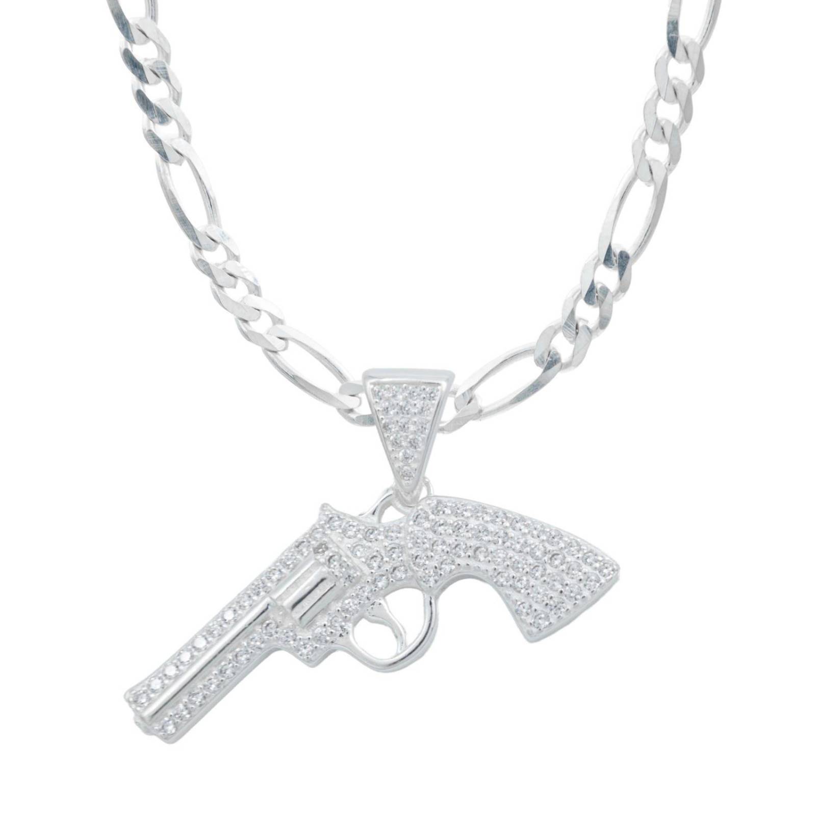 Collar Cadena Hombre Hiphop Revolver Gangster Plata 925 Blanco Alto/Ancho 2.9 cm x 4 cm 2.9 cm x 4 cm