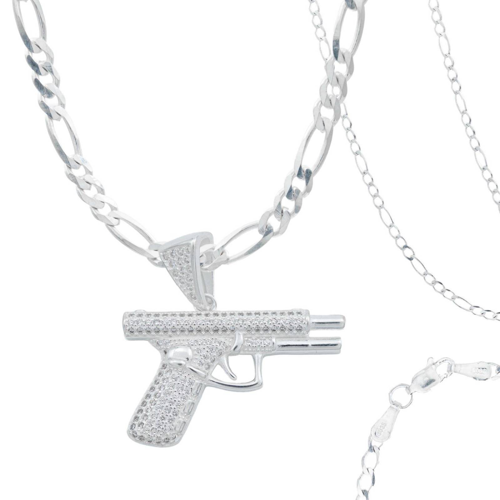 Collar Cadena Hombre Hiphop Pistola Glock Gangster Plata925 Blanco Alto/Ancho 3.4 cm x 3.4 cm 3.4 cm x 3.4 cm