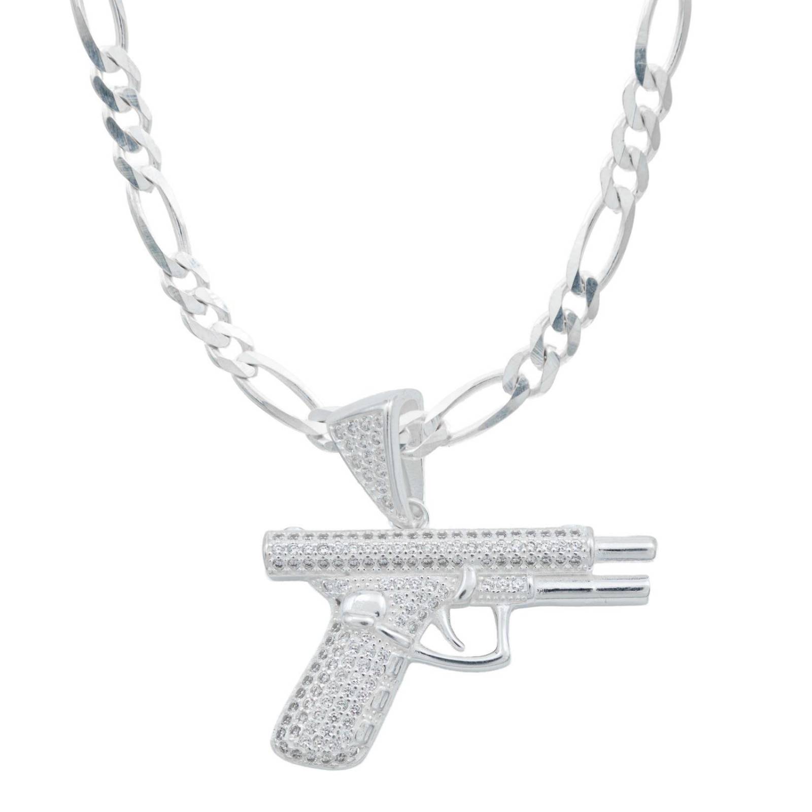 Collar Cadena Hombre Hiphop Pistola Glock Gangster Plata925 Blanco Alto/Ancho 3.4 cm x 3.4 cm 3.4 cm x 3.4 cm