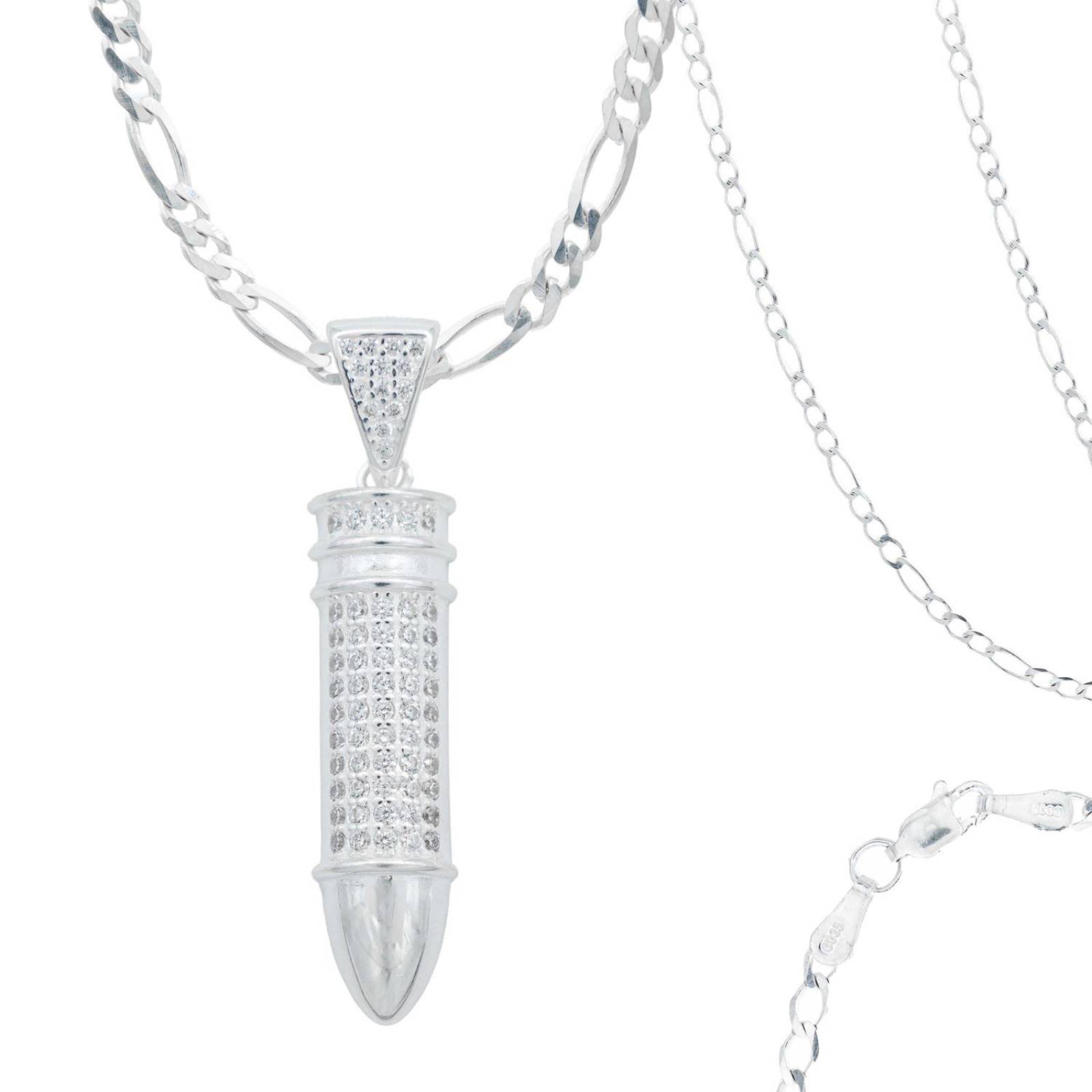 Collar Dije Cadena Hombre Hiphop Zirconias Bala Plata 925 Blanco Alto/Ancho 5 cm x 1 cm 5 cm x 1 cm