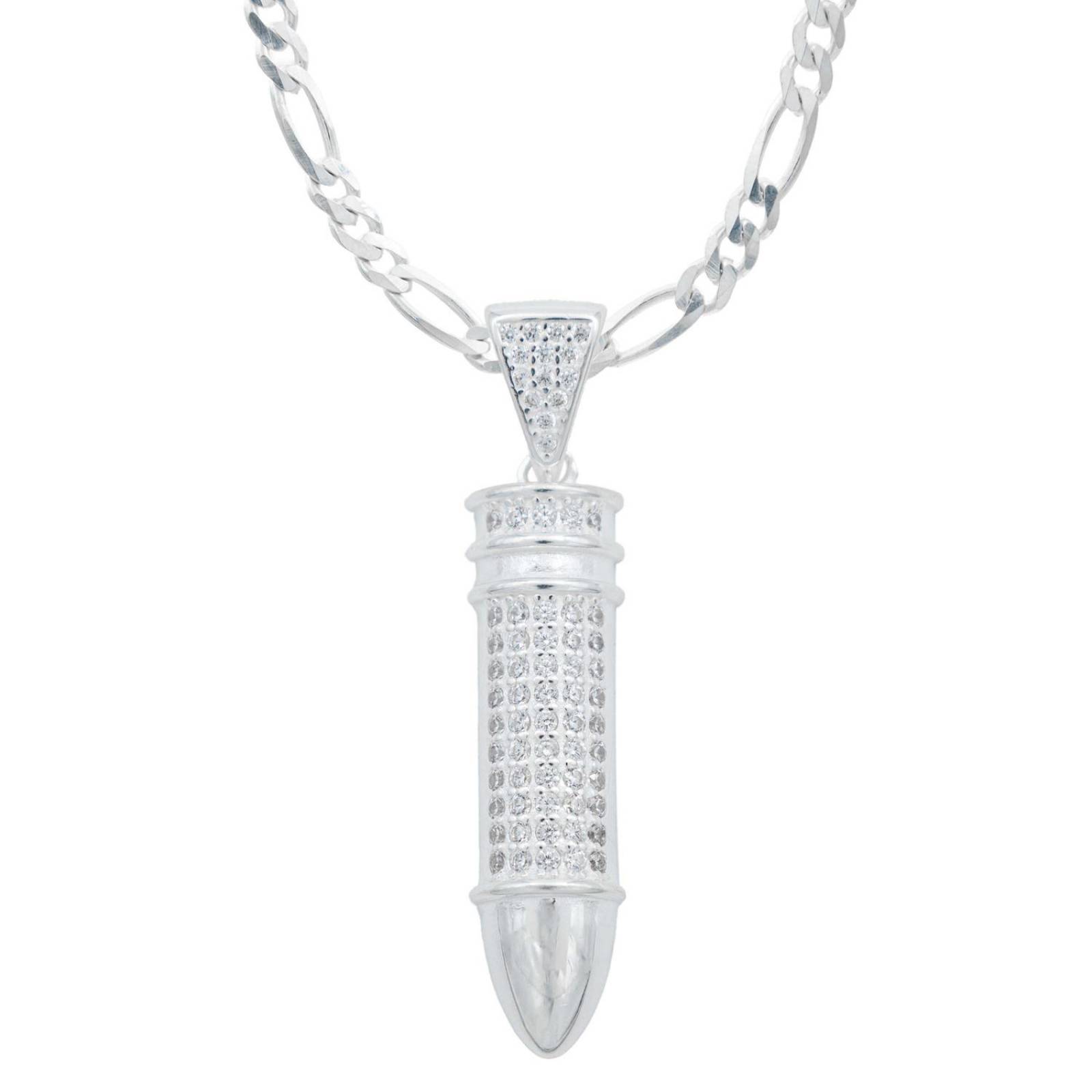Collar Dije Cadena Hombre Hiphop Zirconias Bala Plata 925 Blanco Alto/Ancho 5 cm x 1 cm 5 cm x 1 cm