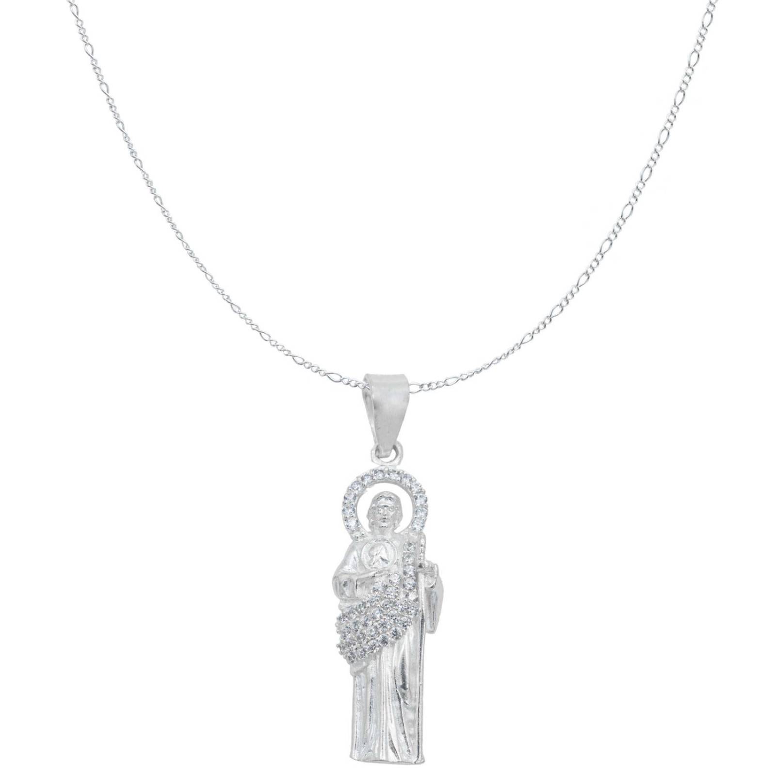 Collar Medalla San Judas Tadeo Mediano Zirconias Plata 925 Blanco Alto/Ancho: 5 cm x 1.4 cm