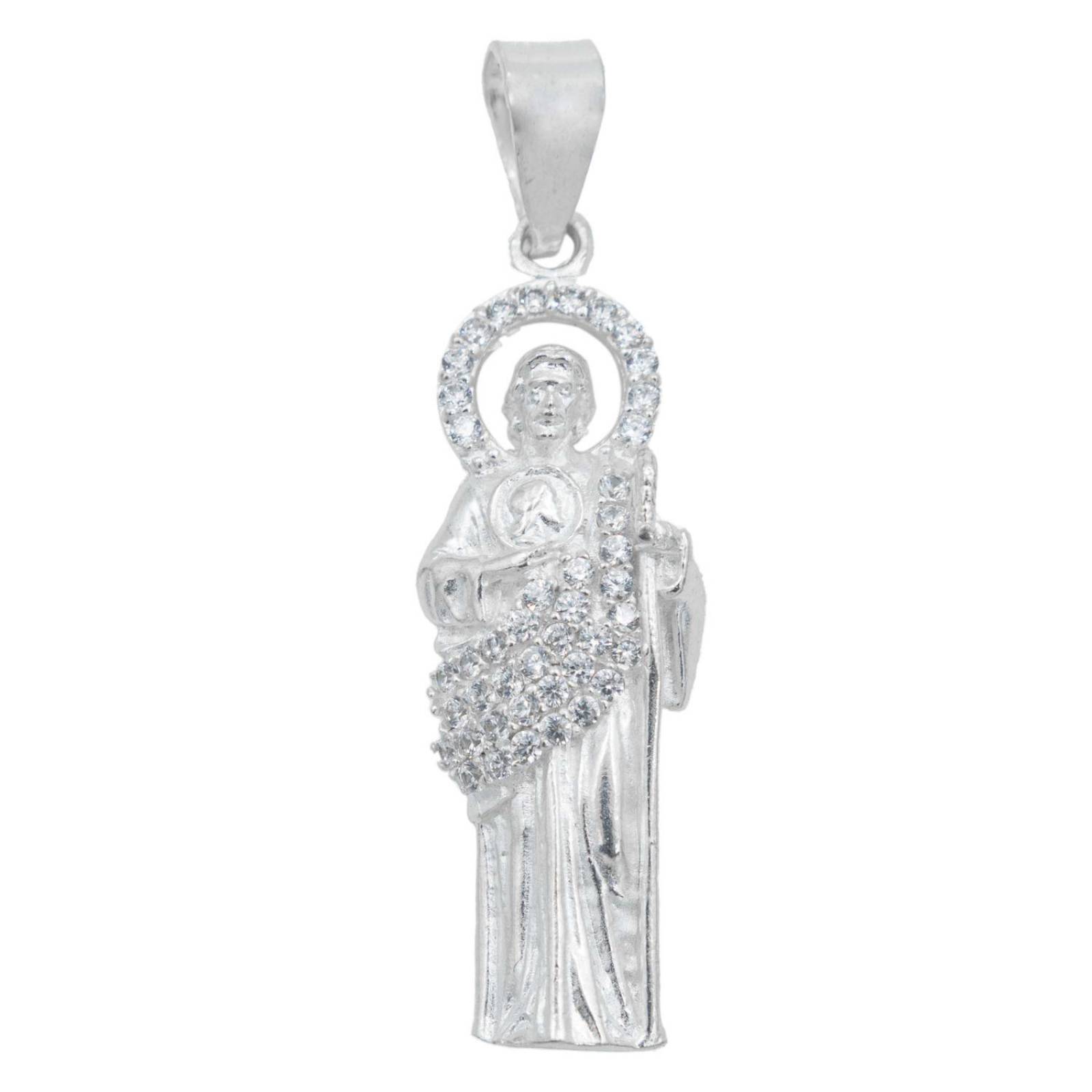 Collar Medalla San Judas Tadeo Mediano Zirconias Plata 925 Blanco Alto/Ancho: 5 cm x 1.4 cm