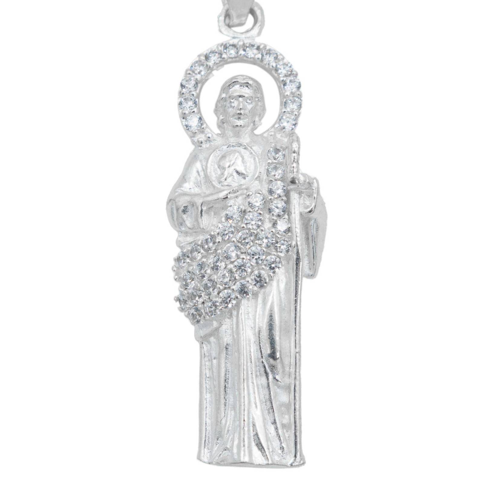 Collar Medalla San Judas Tadeo Mediano Zirconias Plata 925 Blanco Alto/Ancho: 5 cm x 1.4 cm