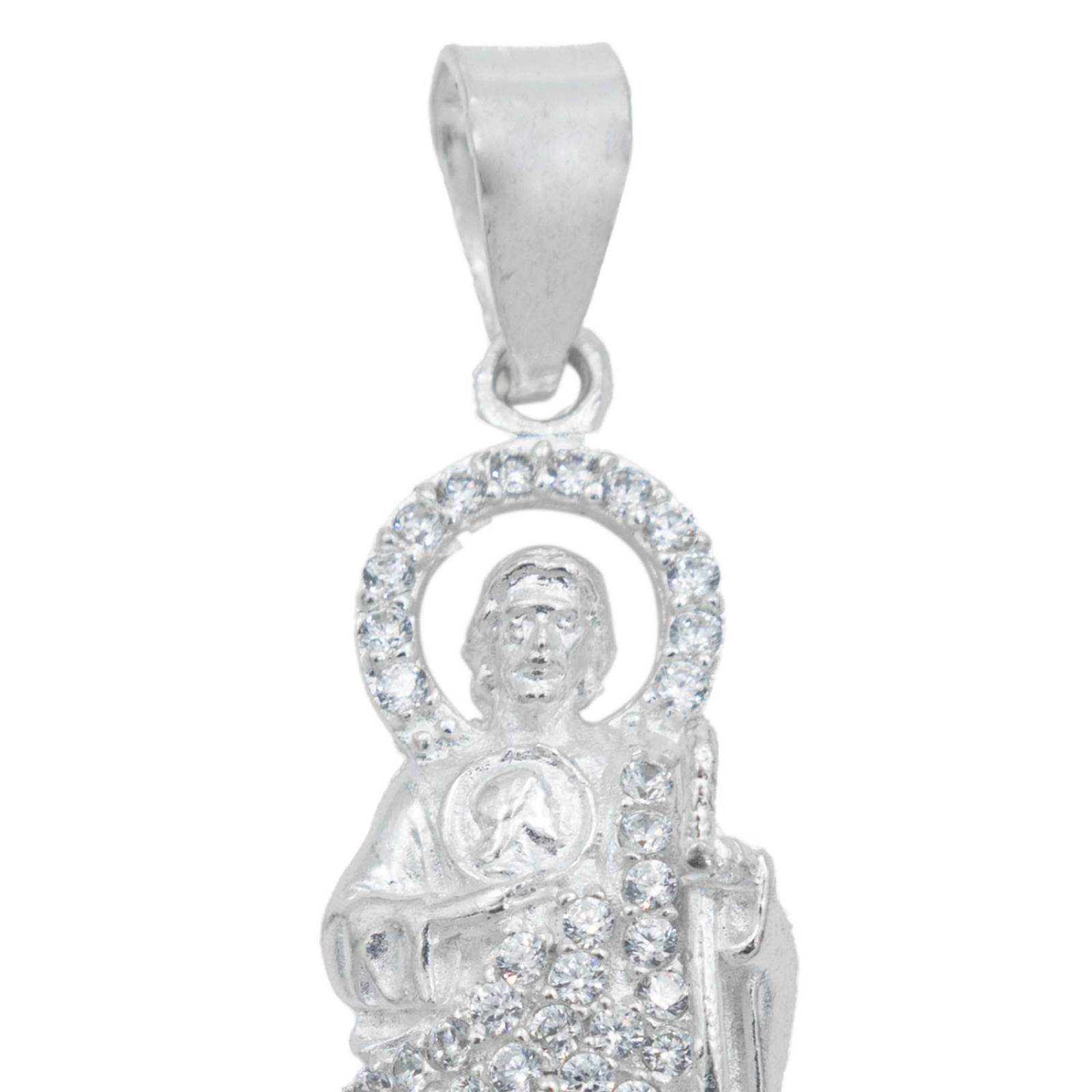 Collar Medalla San Judas Tadeo Mediano Zirconias Plata 925 Blanco Alto/Ancho: 5 cm x 1.4 cm
