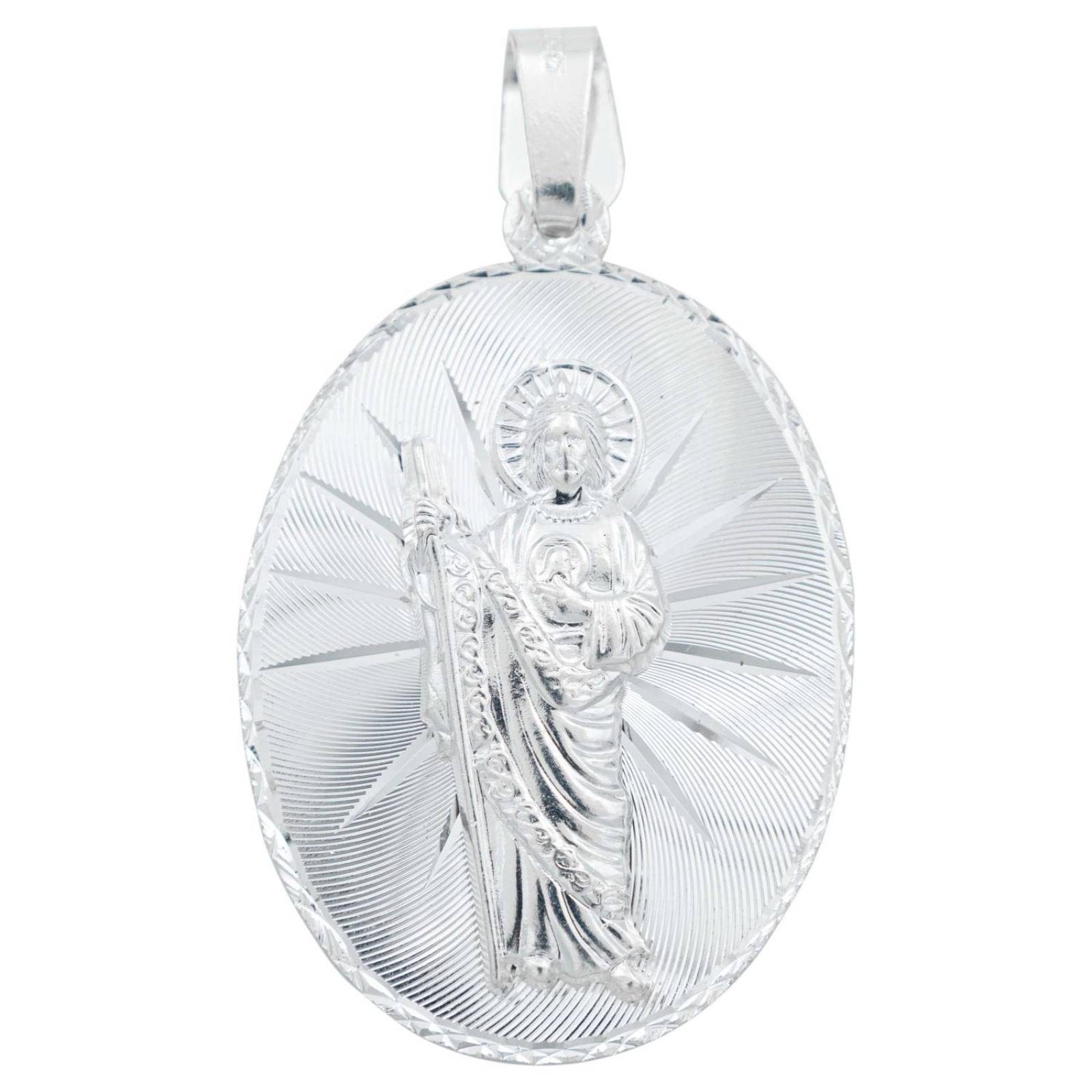 Medalla Grande Diamantada San Judas Tadeo Plata Ley 925 Ovalo Alto/Ancho: 6.5 cm x 3.8 cm