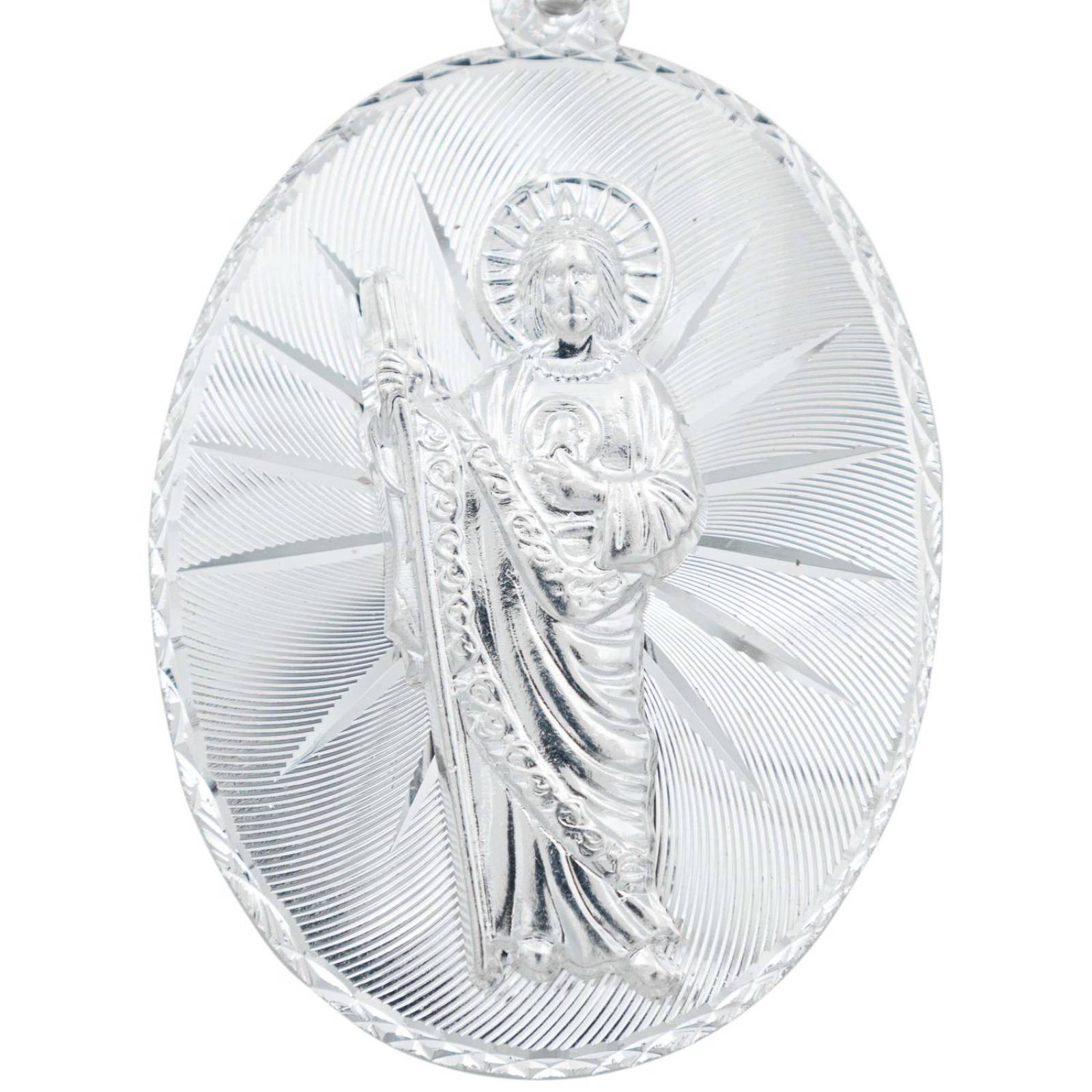 Medalla Grande Diamantada San Judas Tadeo Plata Ley 925 Ovalo Alto/Ancho: 6.5 cm x 3.8 cm