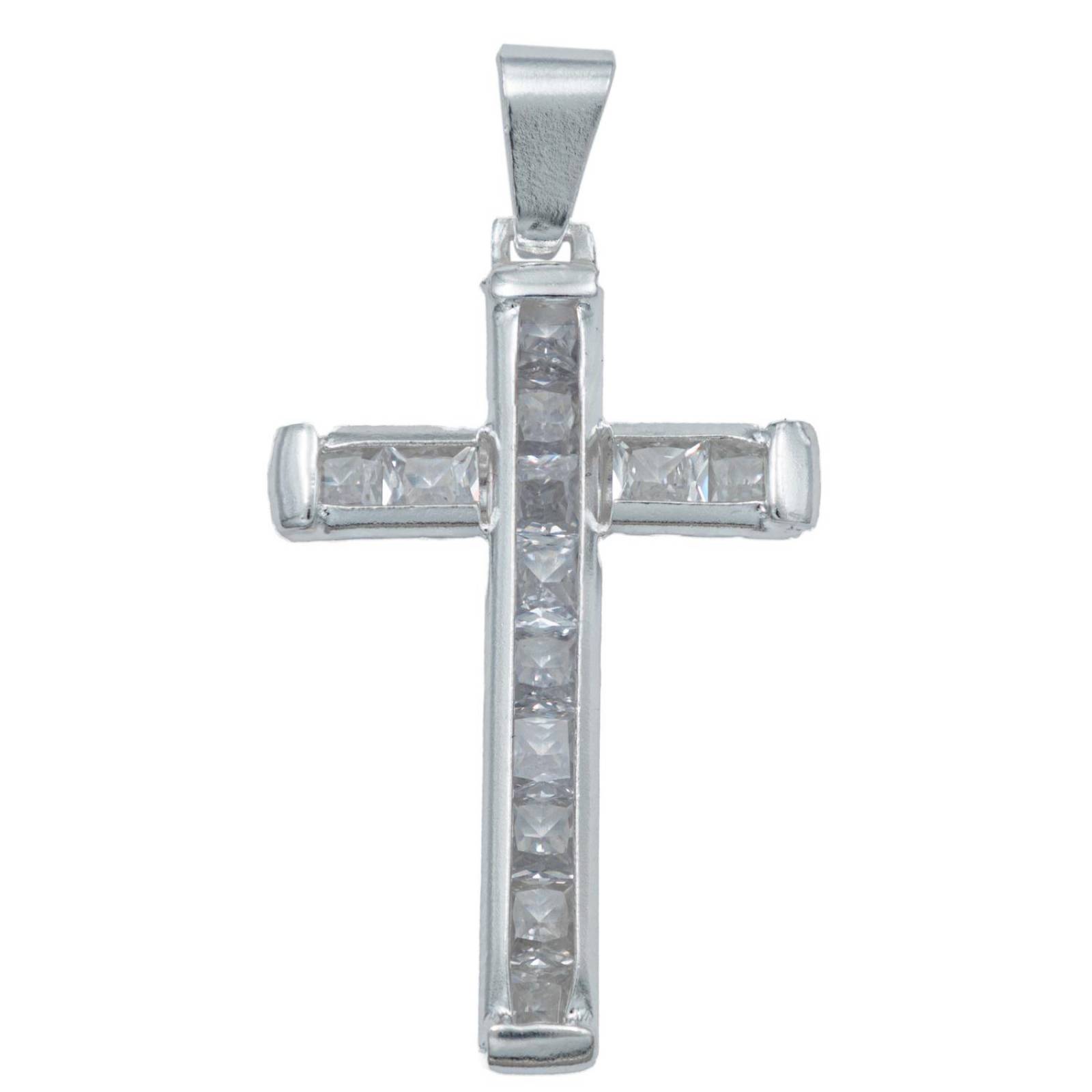 Dije Cruz Catolica San Benito Virgen Zirconias Plata 925 Blanco Alto/Ancho 4.4 cm x 2.3 cm 4.4 cm x 2.3 cm