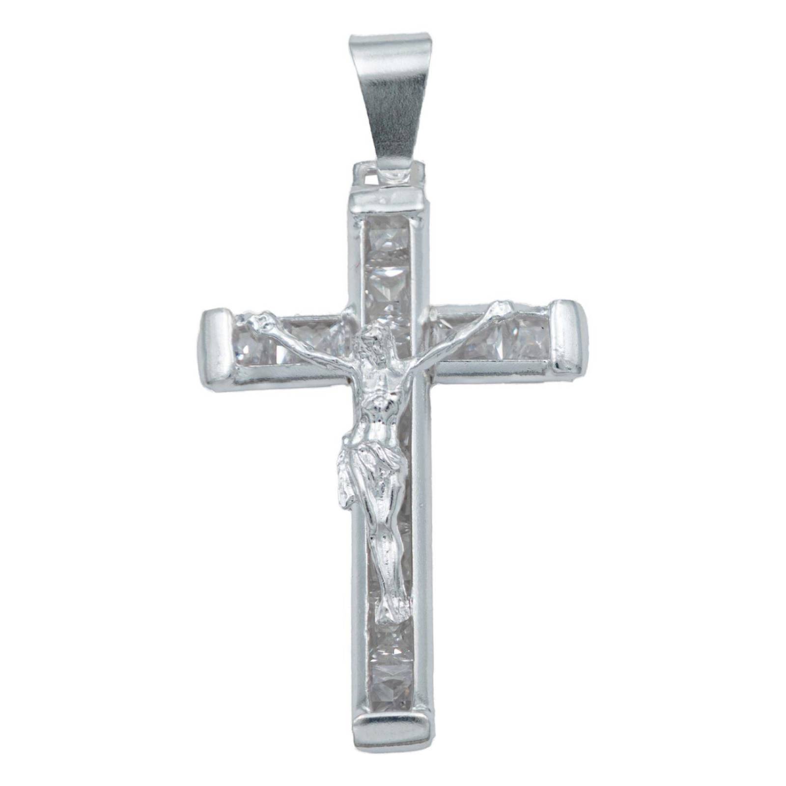Dije Cruz Catolica San Benito Virgen Zirconias Plata 925 Blanco Jesus Alto/Ancho 4.4 cm x 2.3 cm 4.4 cm x 2.3 cm