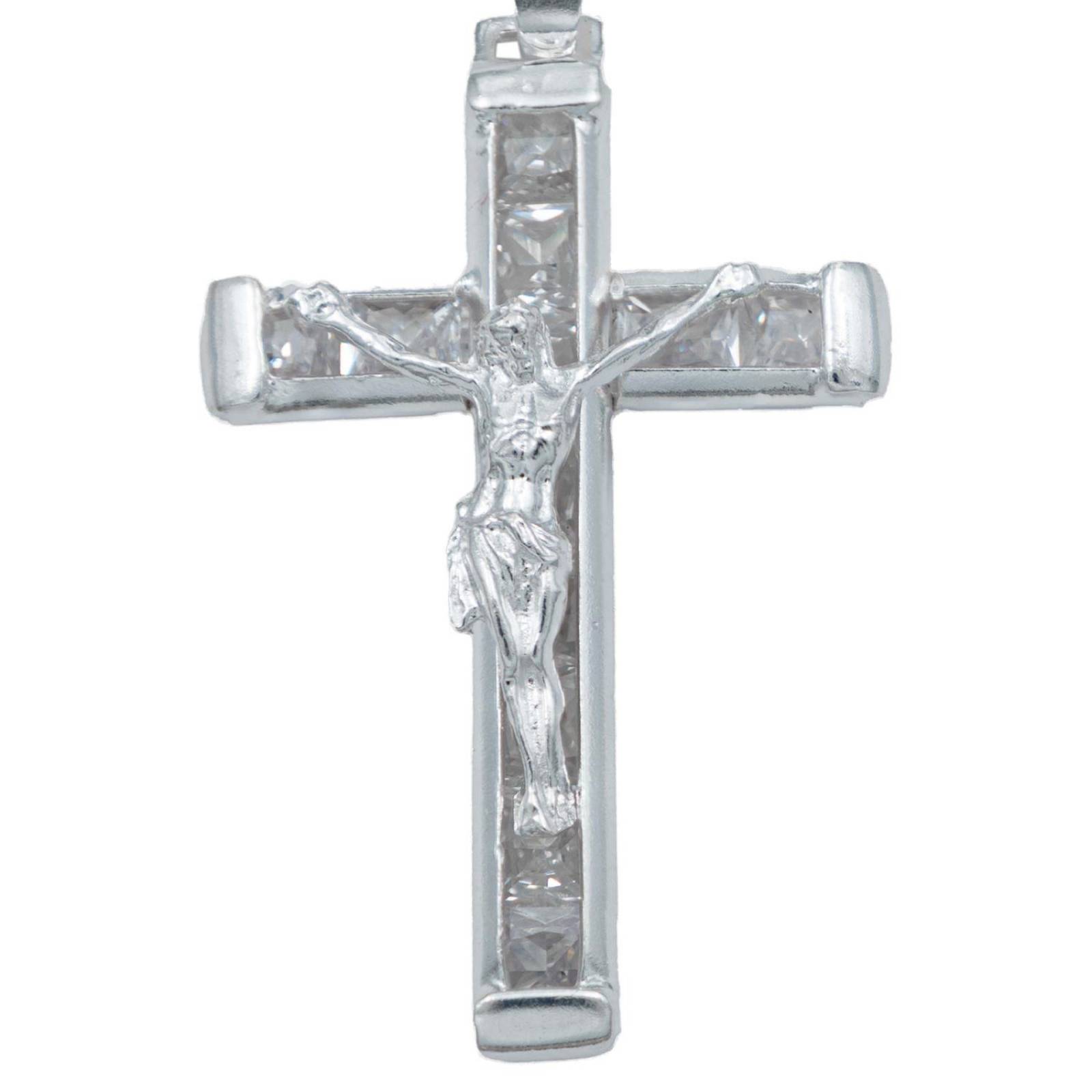 Dije Cruz Catolica San Benito Virgen Zirconias Plata 925 Blanco Jesus Alto/Ancho 4.4 cm x 2.3 cm 4.4 cm x 2.3 cm