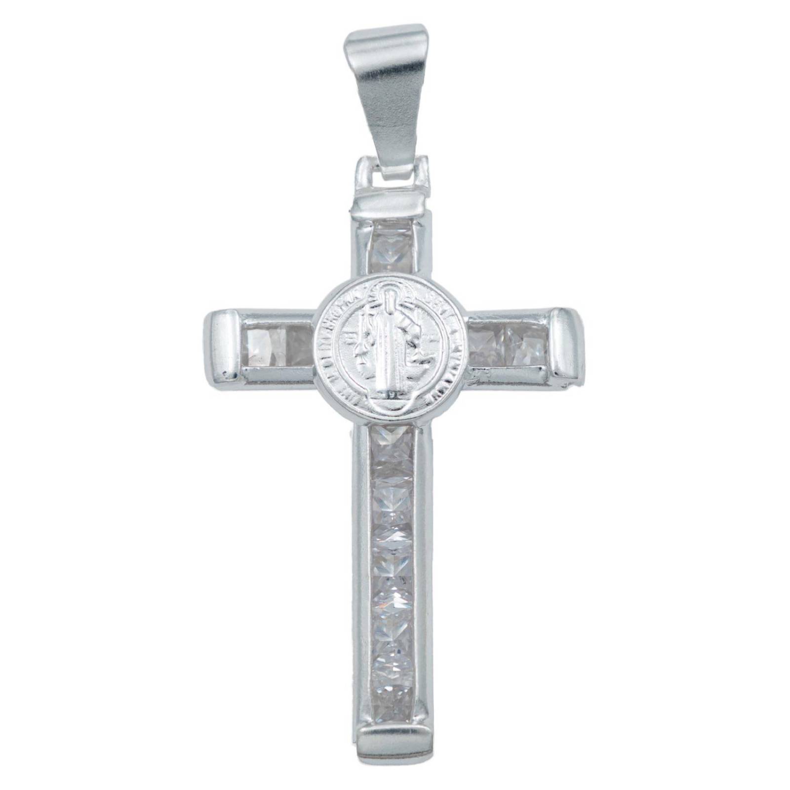 Dije Cruz Catolica San Benito Virgen Zirconias Plata 925 Blanco San Benito Alto/Ancho 4.4 cm x 2.3 cm 4.4 cm x 2.3 cm