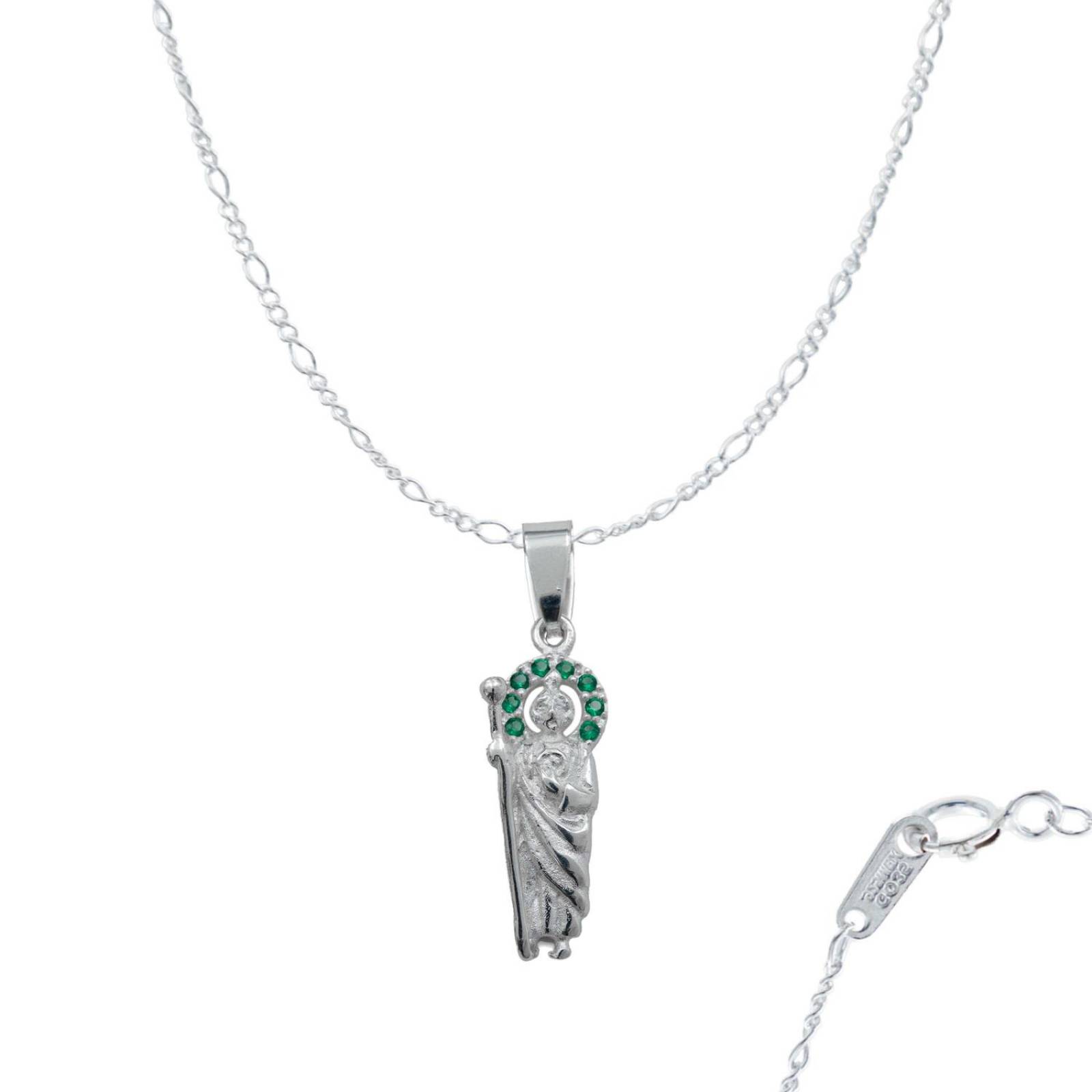 Dije Mini San Judas Tadeo Zirconias Con Cadena Plata 925 Verde Alto/Ancho 3.4 cm x 1 cm 3.4 cm x 1 cm