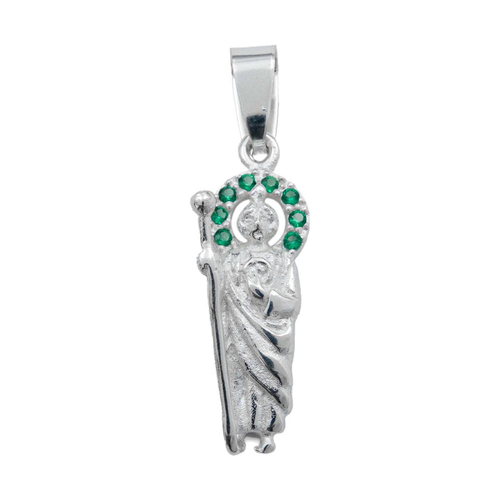 Dije Mini San Judas Tadeo Zirconias Con Cadena Plata 925 Verde Alto/Ancho 3.4 cm x 1 cm 3.4 cm x 1 cm