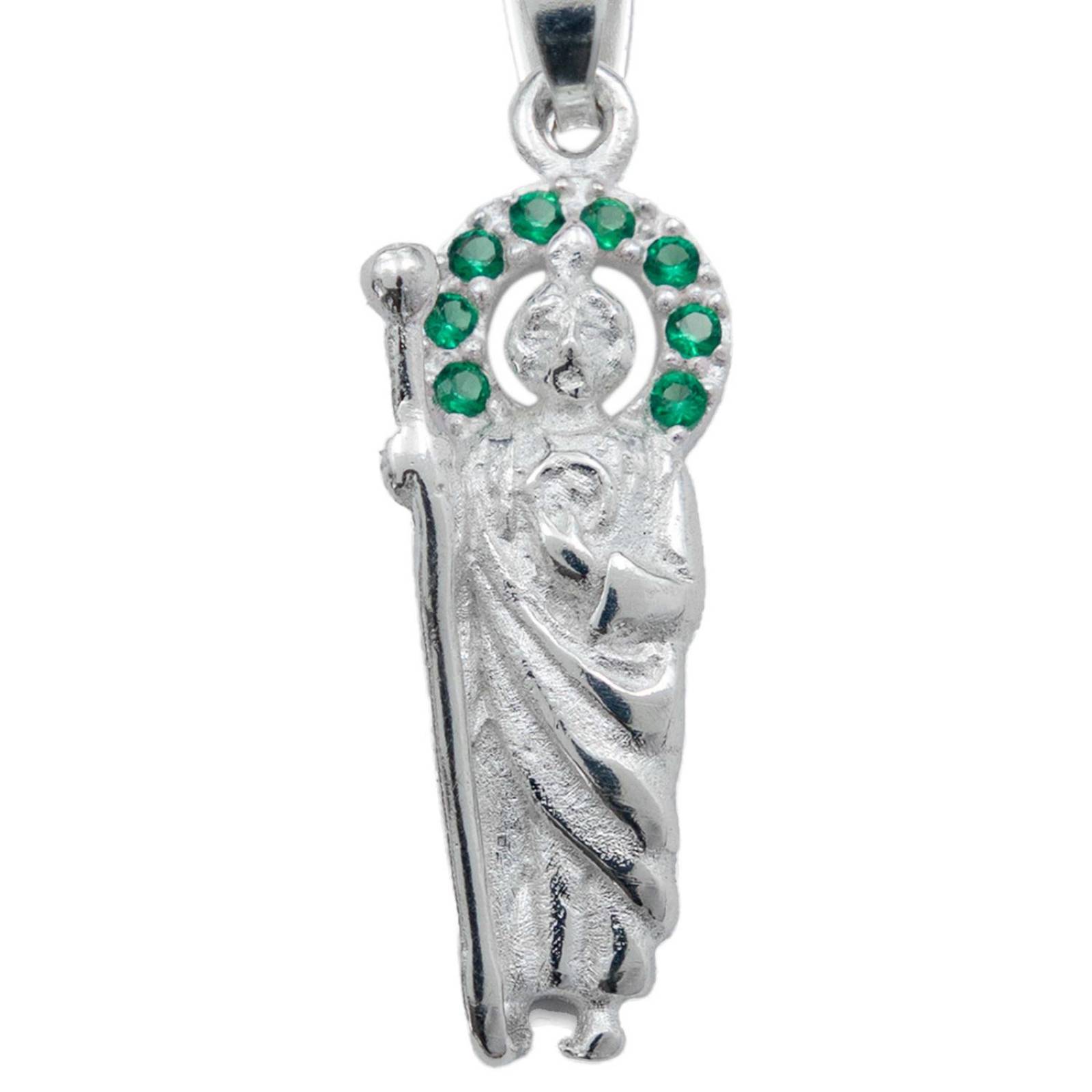 Dije Mini San Judas Tadeo Zirconias Con Cadena Plata 925 Verde Alto/Ancho 3.4 cm x 1 cm 3.4 cm x 1 cm