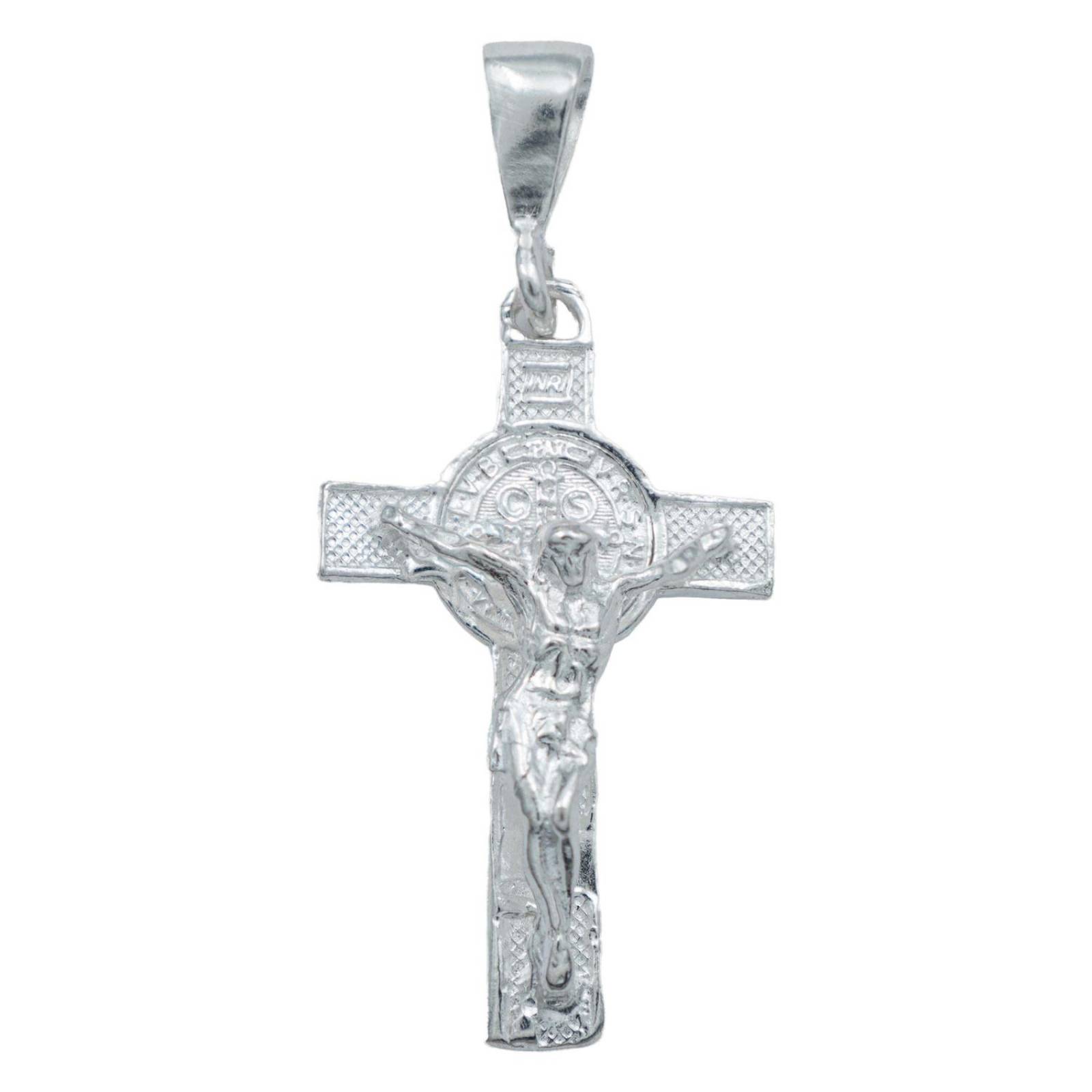 Dije Cruz Jesucristo San Benito Suerte Pulido Plata Ley 925 Plateado Alto/Ancho 1.8 cm x 4 cm 1.8 cm x 4 cm