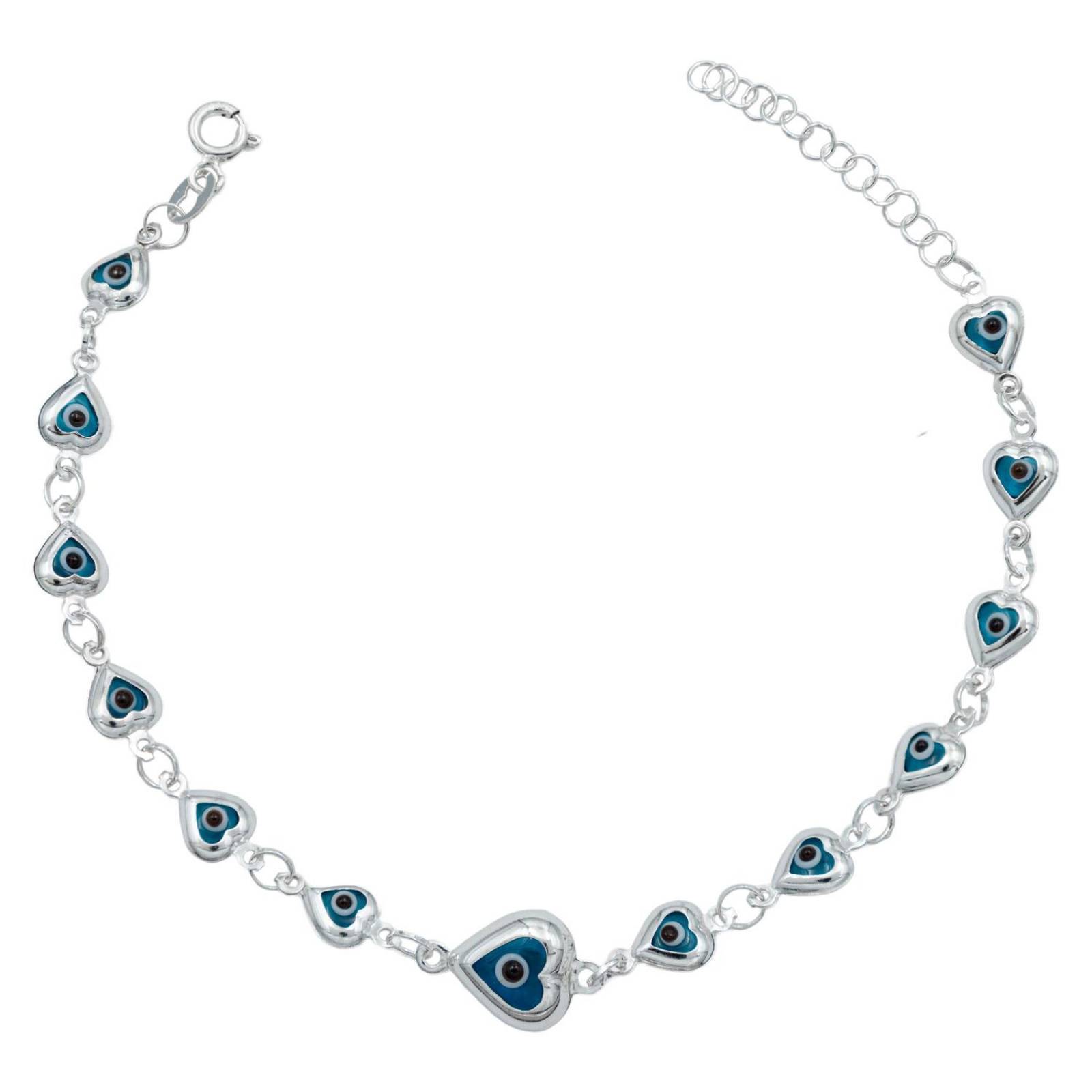 Pulsera Brazalete Ojo Turco Suerte Plata Italiana S925 Azul Corazón Largo/Ancho 18.5 cm x 5 mm 18.5 cm x 5 mm