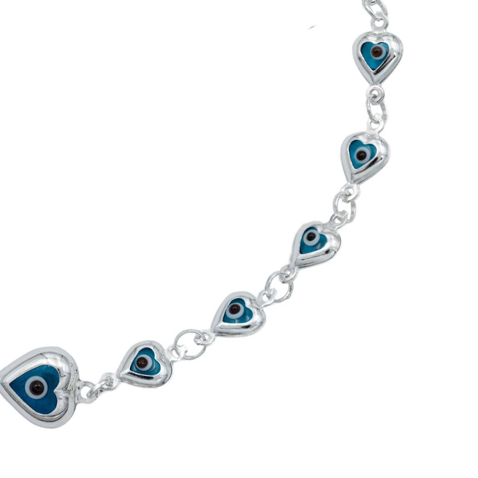 Pulsera Brazalete Ojo Turco Suerte Plata Italiana S925 Azul Corazón Largo/Ancho 18.5 cm x 5 mm 18.5 cm x 5 mm