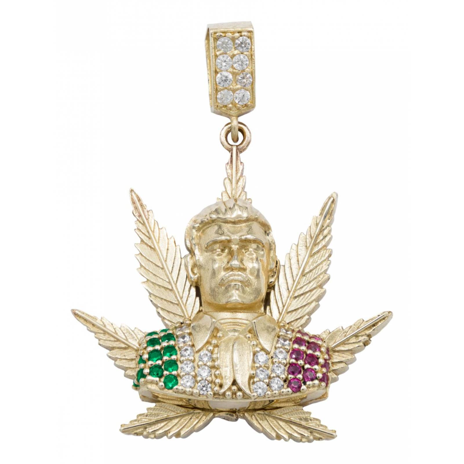 Dije Chico Jesús Malverde Cannabis Zirconias Oro 10k