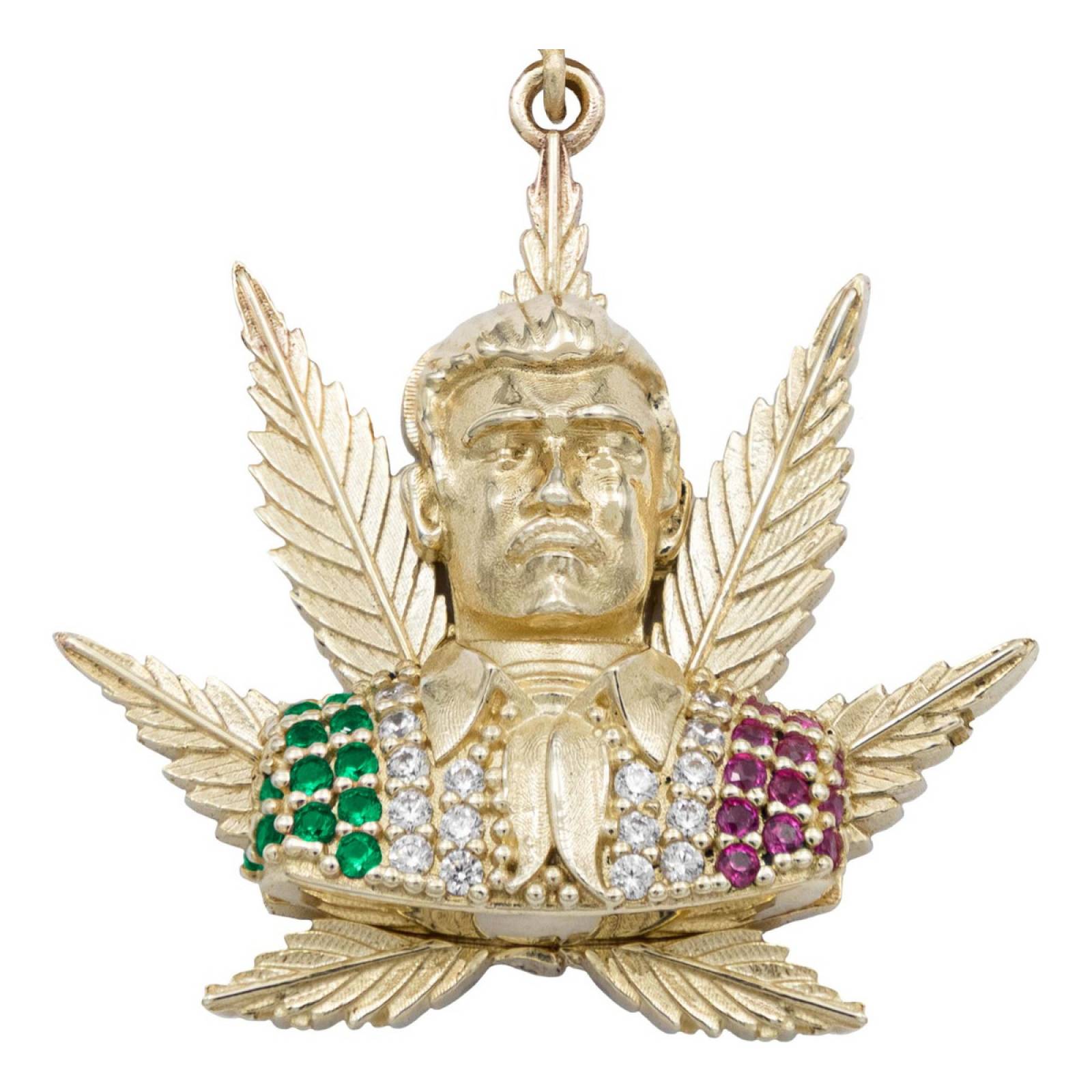 Dije Chico Jesús Malverde Cannabis Zirconias Oro 10k