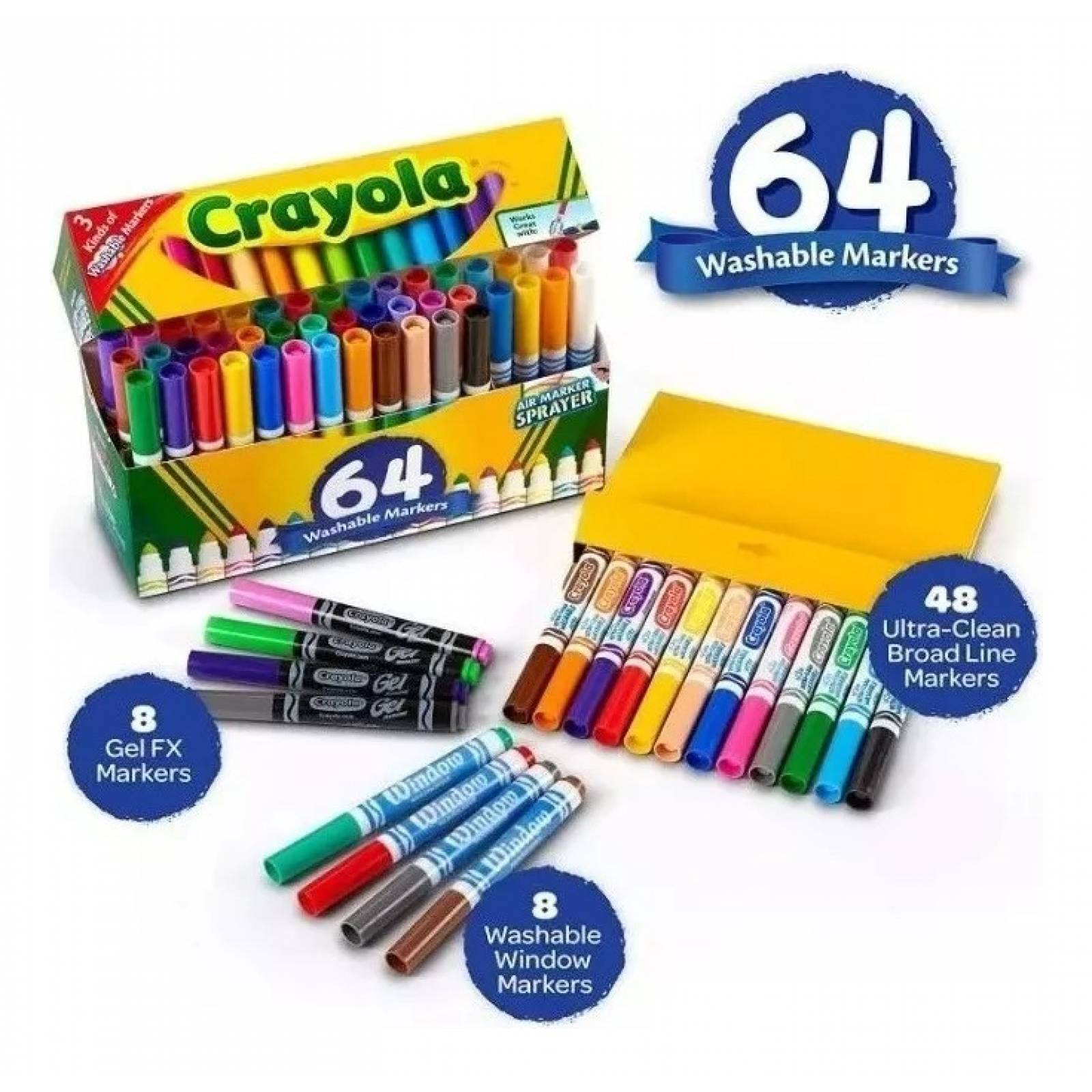 Plumones Crayola 64 Piezas Punta Gruesa Lavables Gel Ventana