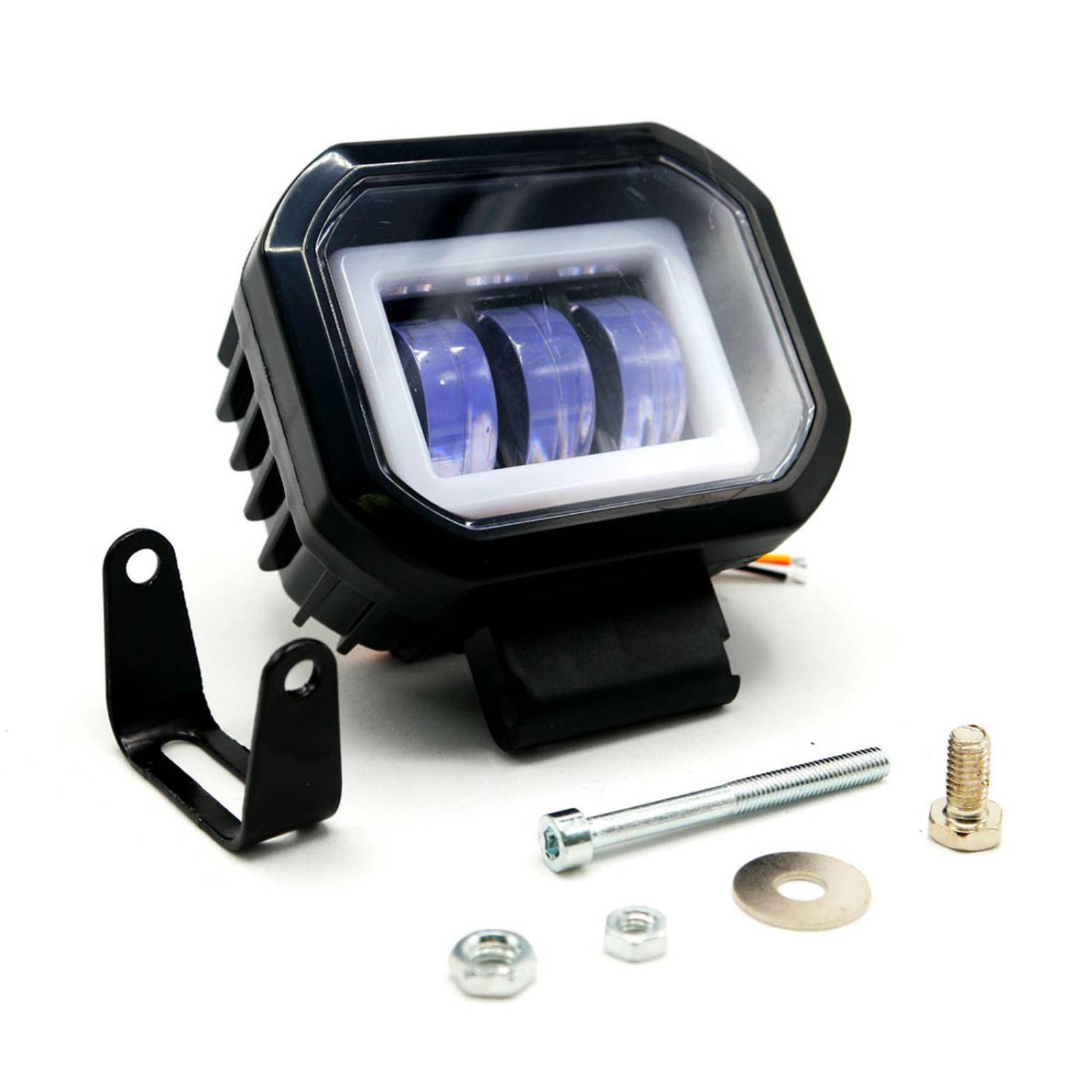 Faro Para Moto Rasen Auxiliar Led Con Lupa Cuadrado Con 3 Led Ojo De Angel Con Luz Blanca Fija Y Estrobo  Azul