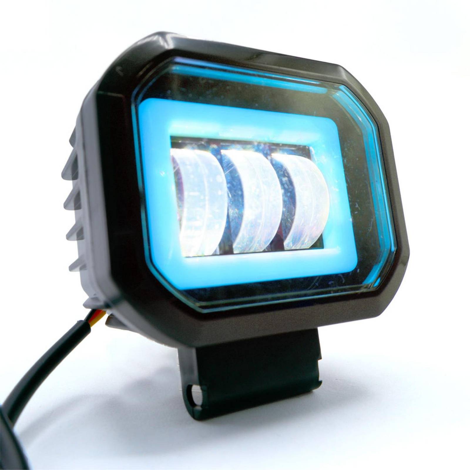Faro Para Moto Rasen Auxiliar Led Con Lupa Cuadrado Con 3 Led Ojo De Angel Con Luz Blanca Fija Y Estrobo  Azul