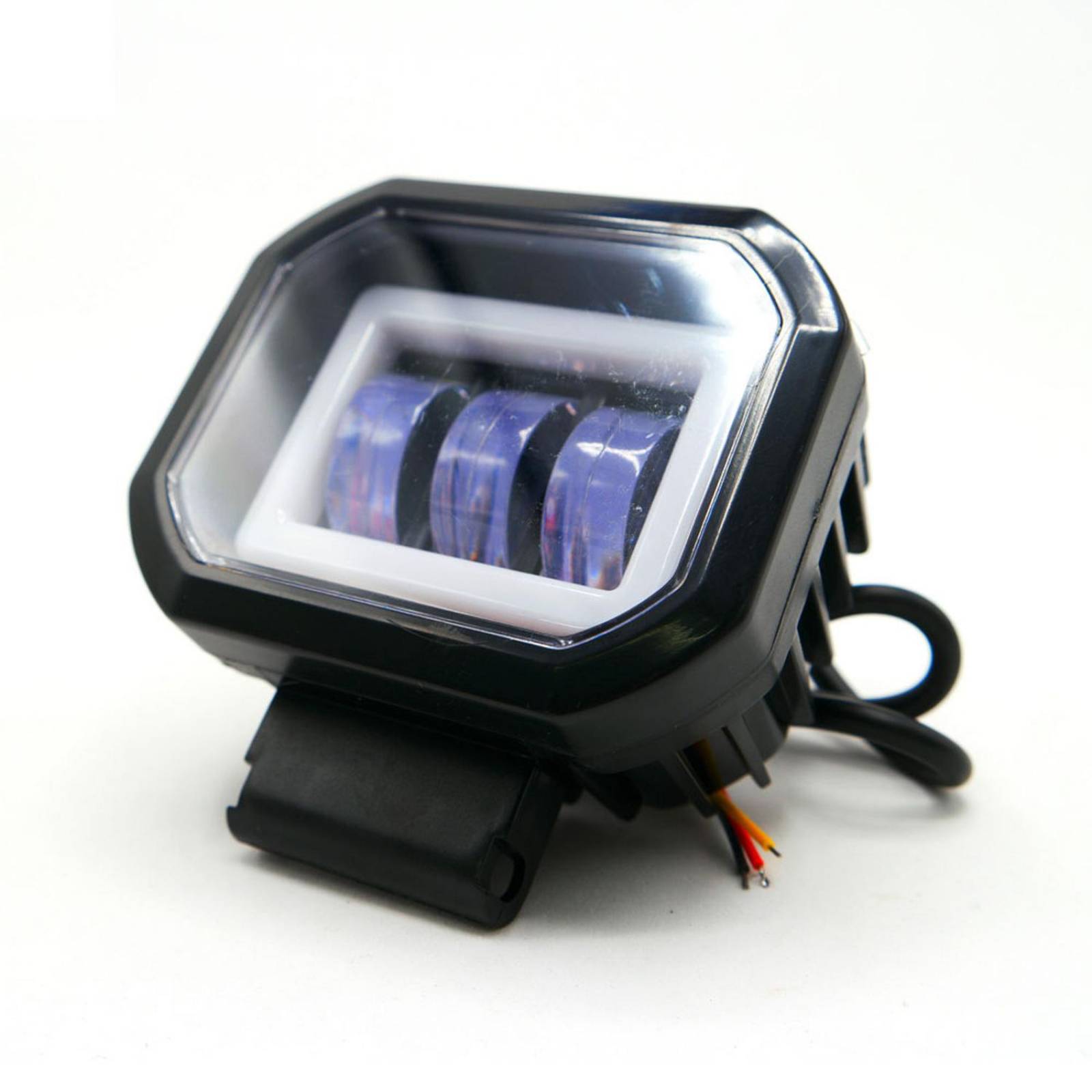 Faro Para Moto Rasen Auxiliar Led Con Lupa Cuadrado Con 3 Led Ojo De Angel Con Luz Blanca Fija Y Estrobo  Azul