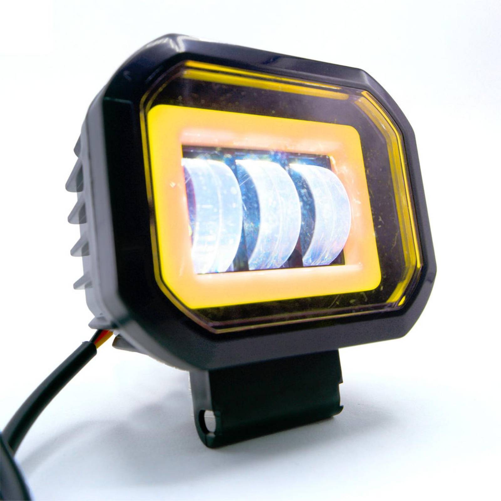 Faro Para Moto Rasen Auxiliar Led Con Lupa Cuadrado Con 3 Led Ojo De Angel Con Luz Blanca Fija Y Estrobo  Amarillo