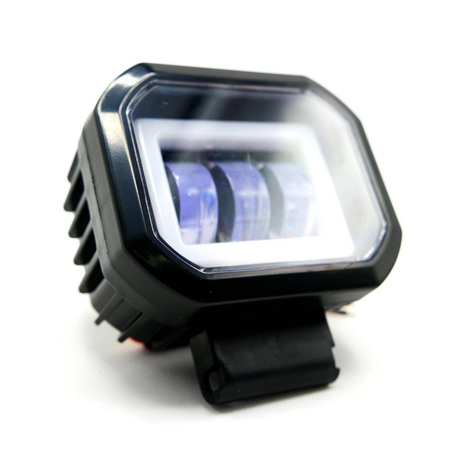 Faro Para Moto Rasen Auxiliar Led Con Lupa Cuadrado Con 3 Led Ojo De Angel Con Luz Blanca Fija Y Estrobo  Amarillo