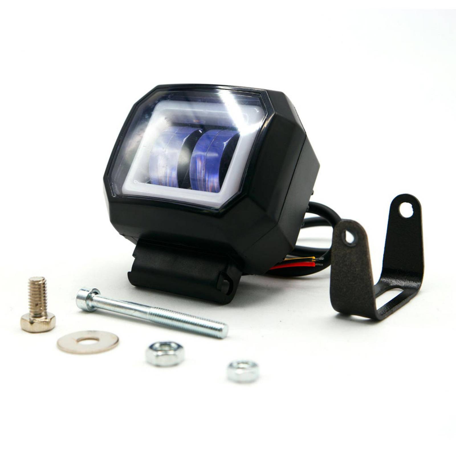 Faro Para Moto Rasen Auxiliar Led Con Lupa Cuadrado Con 2 Led Ojo De Angel Con Luz Blanca Fija Y Estrobo  Rojo