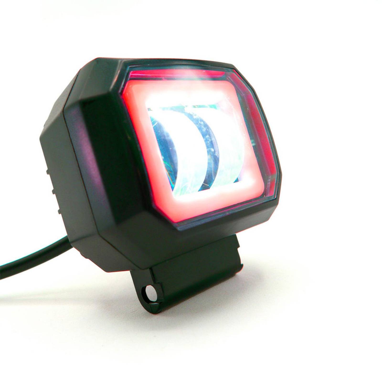 Faro Para Moto Rasen Auxiliar Led Con Lupa Cuadrado Con 2 Led Ojo De Angel Con Luz Blanca Fija Y Estrobo  Rojo