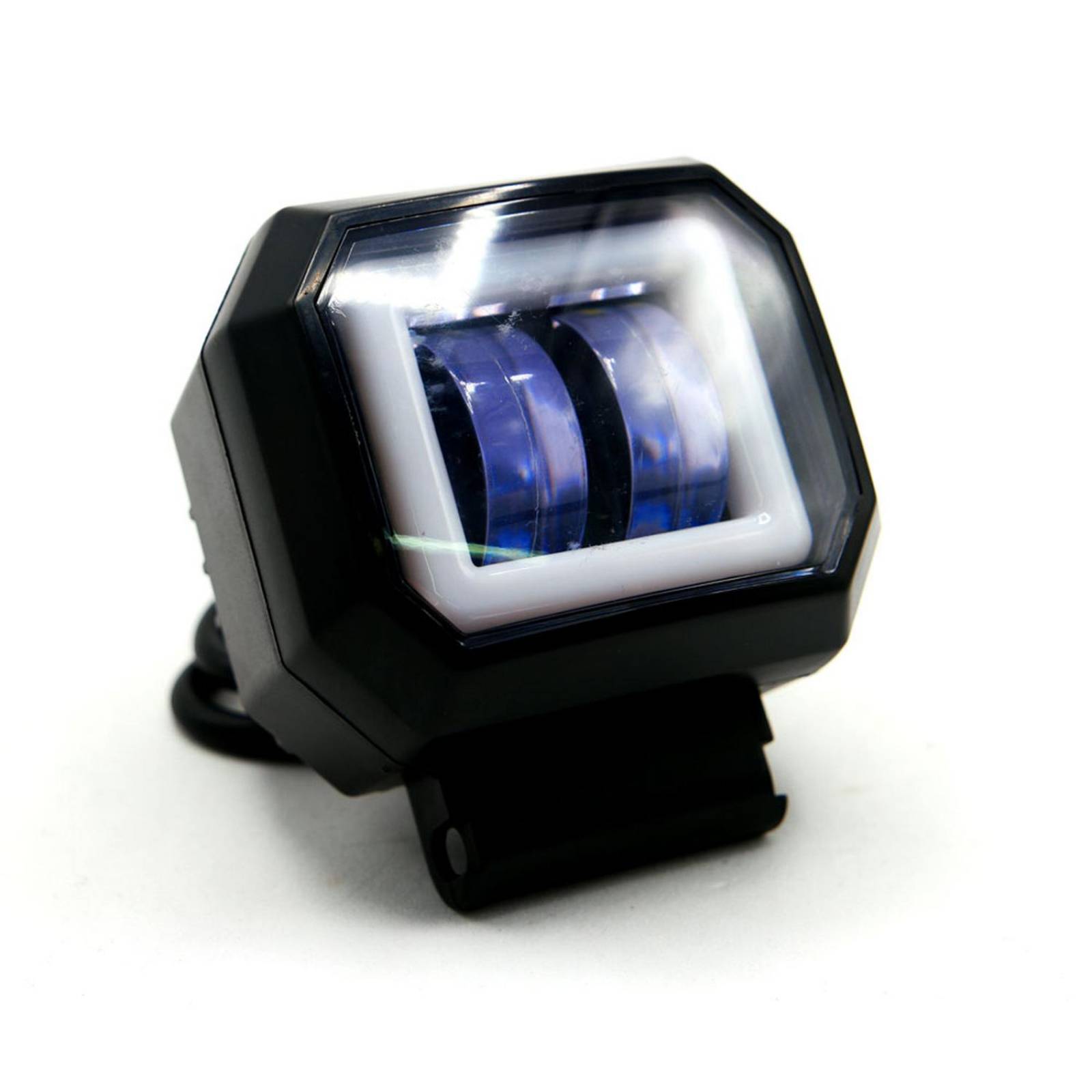 Faro Para Moto Rasen Auxiliar Led Con Lupa Cuadrado Con 2 Led Ojo De Angel Con Luz Blanca Fija Y Estrobo  Rojo