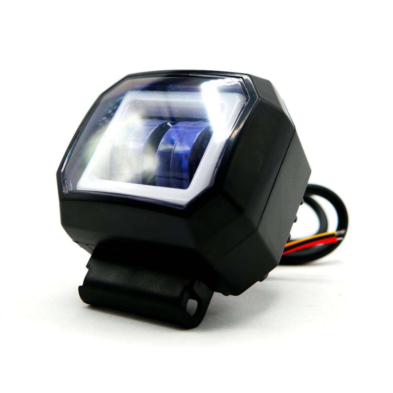 Faro Para Moto Rasen Auxiliar Led Con Lupa Cuadrado Con 2 Led Ojo De Angel Con Luz Blanca Fija Y Estrobo  Rojo