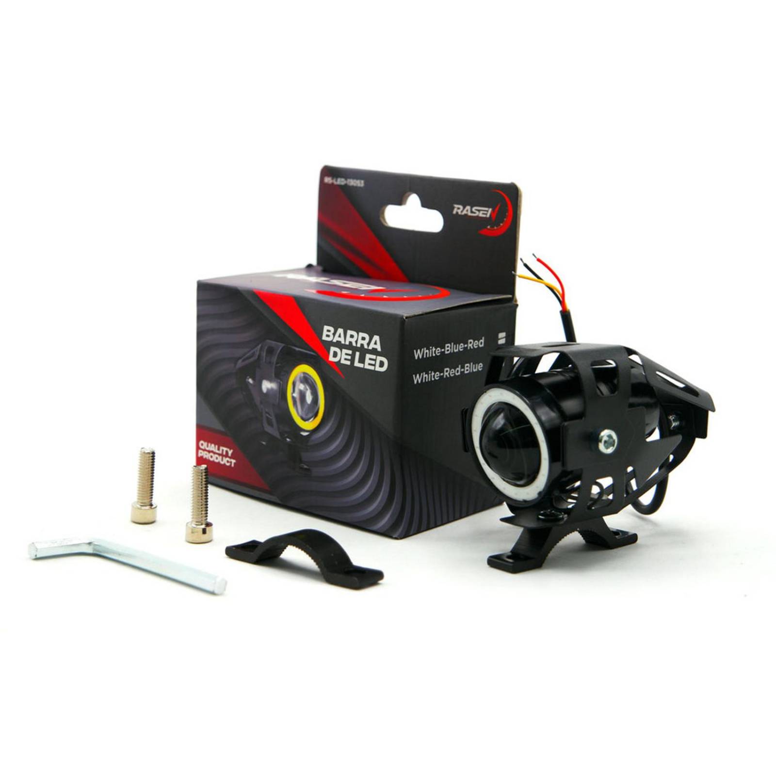 Faro Para Moto Rasen Led Mini Con Lupa Ojo De Angel Con Luz Alta,Baja Y Estrobo       Rojo