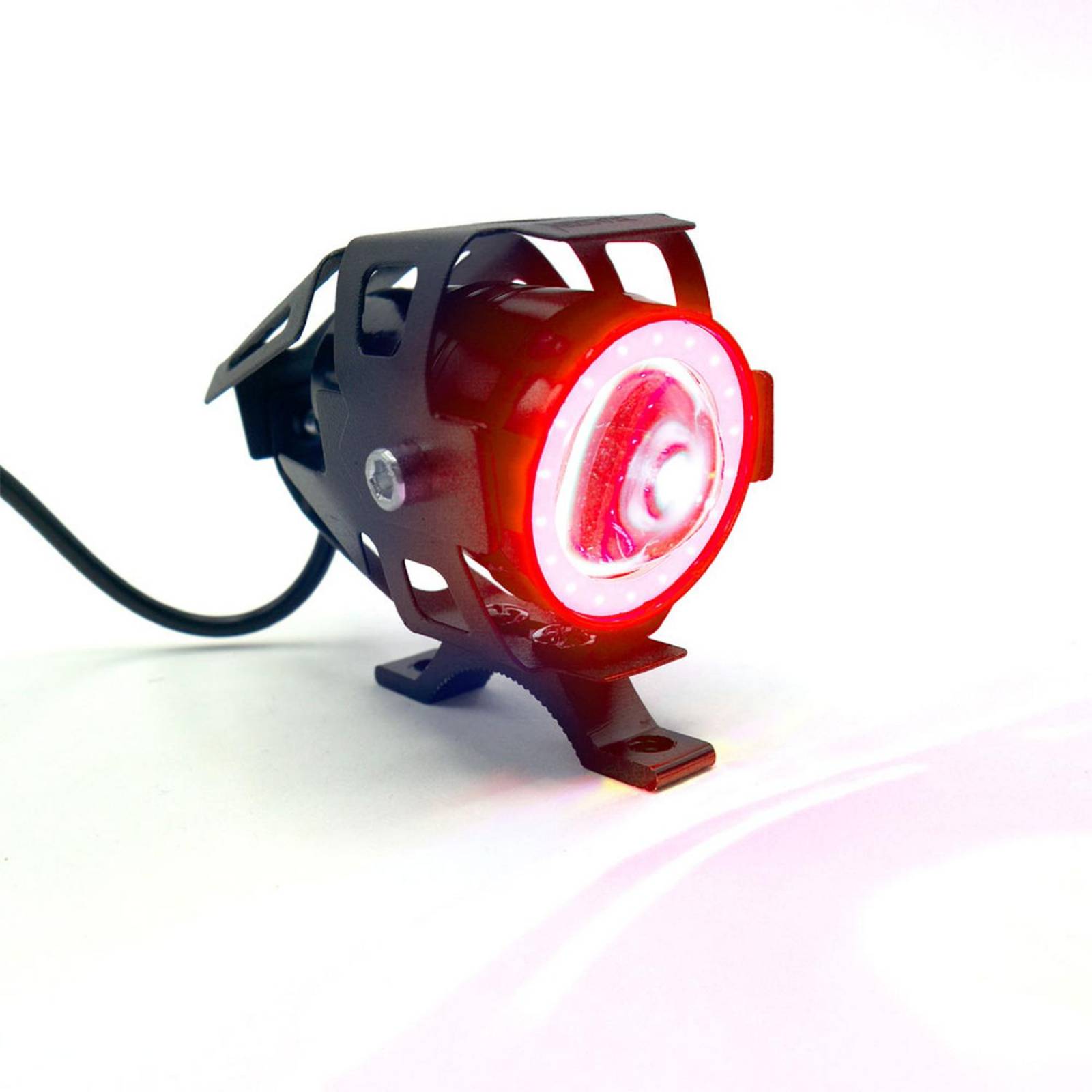 Faro Para Moto Rasen Led Mini Con Lupa Ojo De Angel Con Luz Alta,Baja Y Estrobo       Rojo