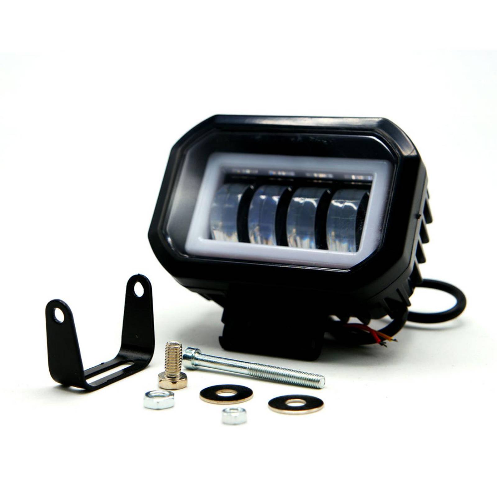 Faro Para Moto Rasen Auxiliar Led Con Lupa Cuadrado Con 4 Led Ojo De Angel Con Luz Blanca Fija Y Estrobo  Azul