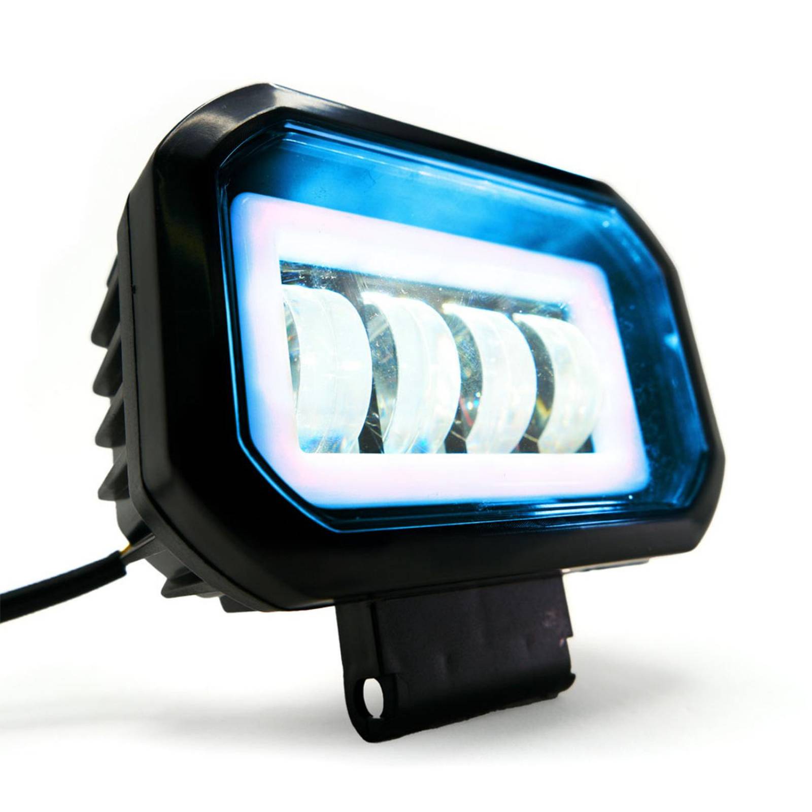 Faro Para Moto Rasen Auxiliar Led Con Lupa Cuadrado Con 4 Led Ojo De Angel Con Luz Blanca Fija Y Estrobo  Azul