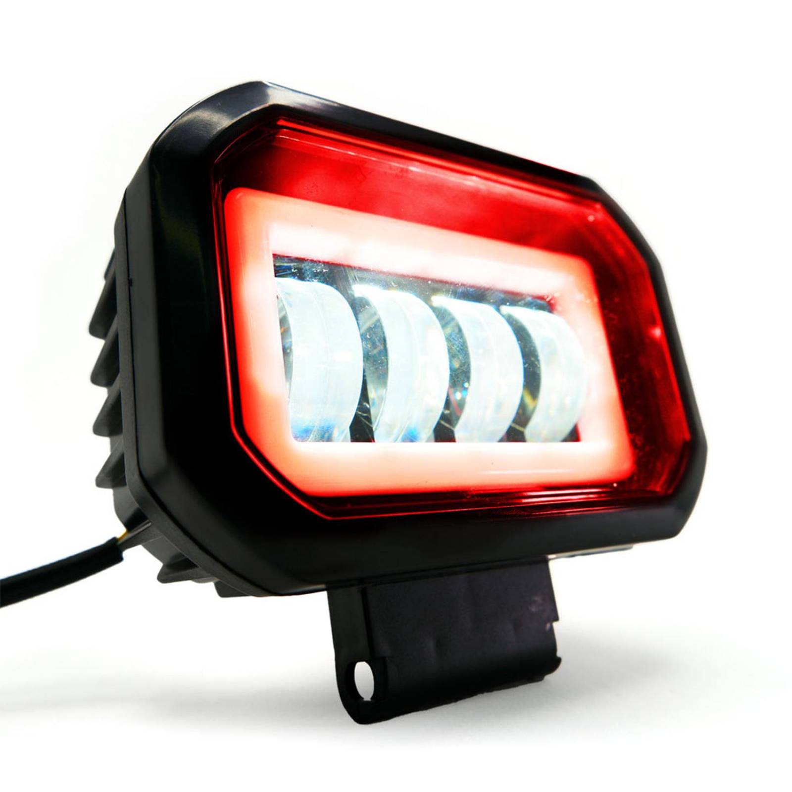 Faro Para Moto Rasen Auxiliar Led Con Lupa Cuadrado Con 4 Led Ojo De Angel Con Luz Blanca Fija Y Estrobo  Rojo