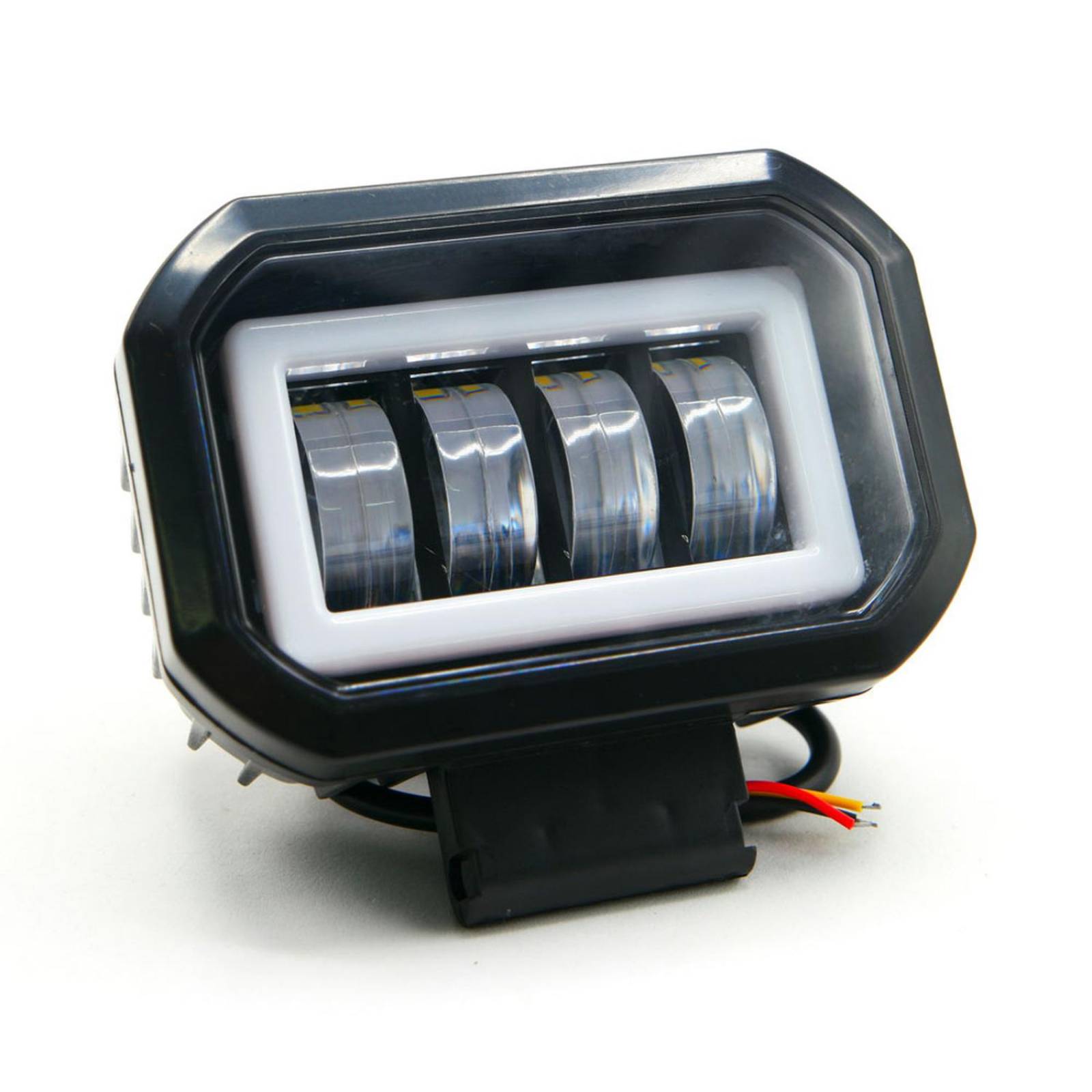 Faro Para Moto Rasen Auxiliar Led Con Lupa Cuadrado Con 4 Led Ojo De Angel Con Luz Blanca Fija Y Estrobo  Rojo