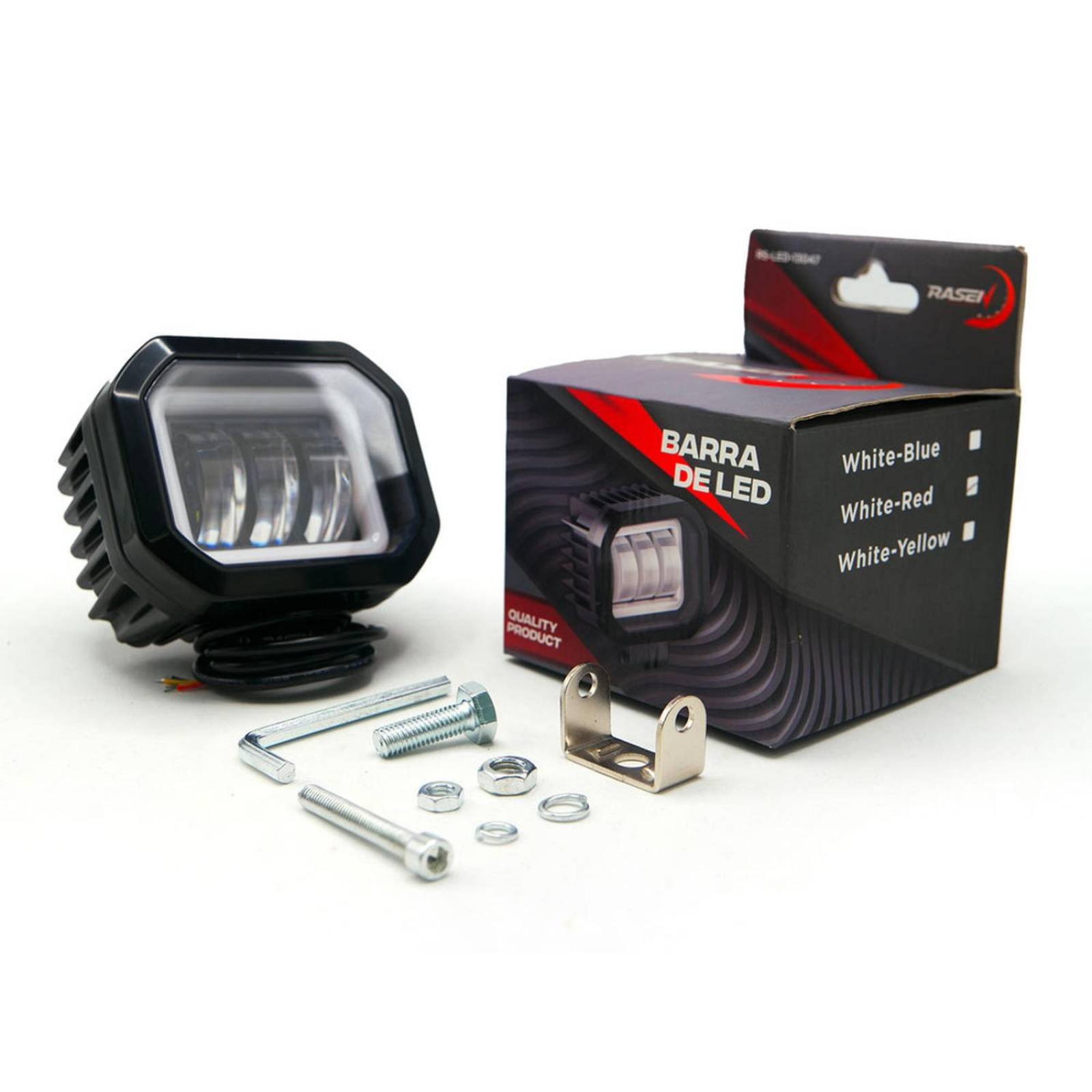 Faro Para Moto Rasen Cuadrado Led Con Lupa Luz Fija Y Estrobo Contorno Azul Rojo