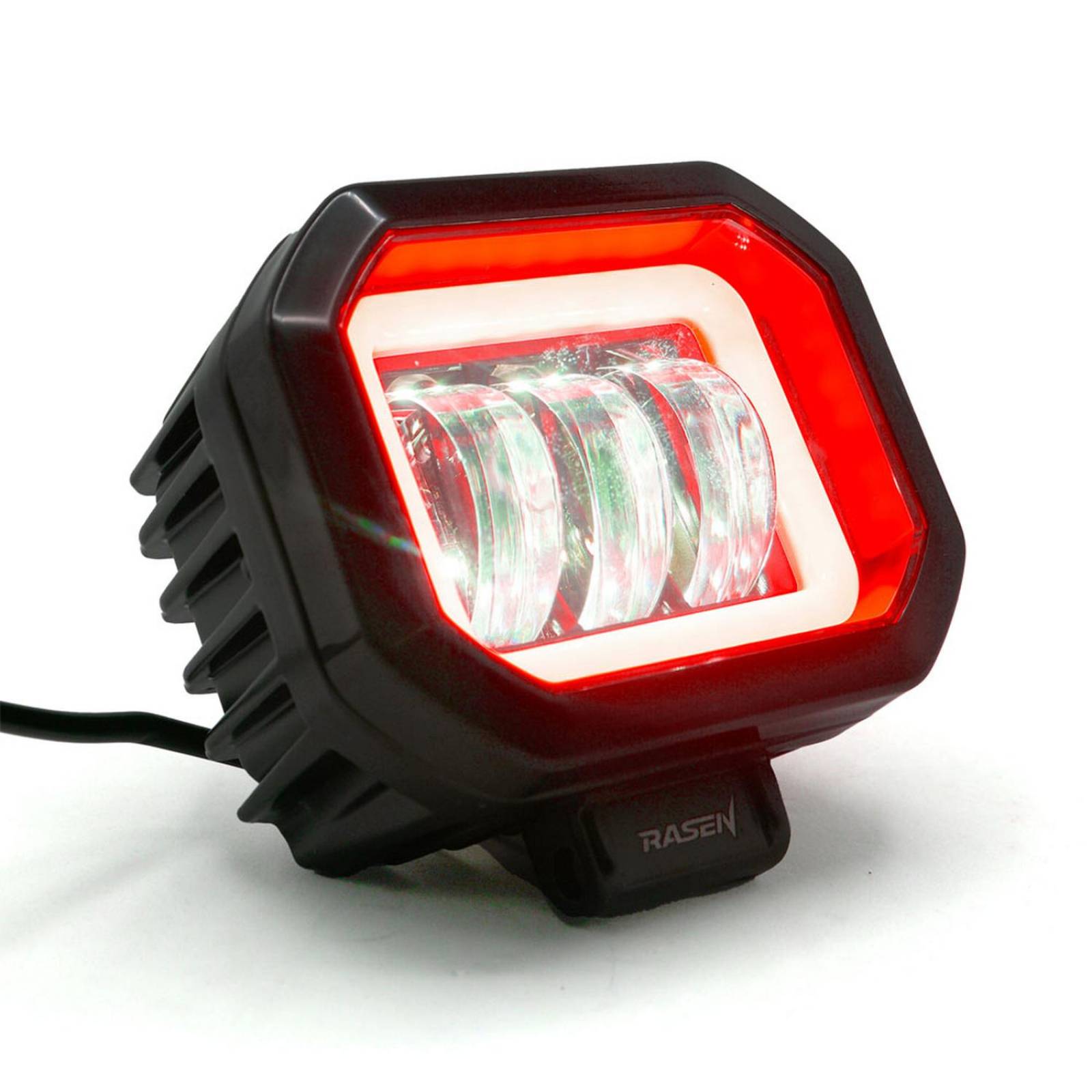 Faro Para Moto Rasen Cuadrado Led Con Lupa Luz Fija Y Estrobo Contorno Azul Rojo