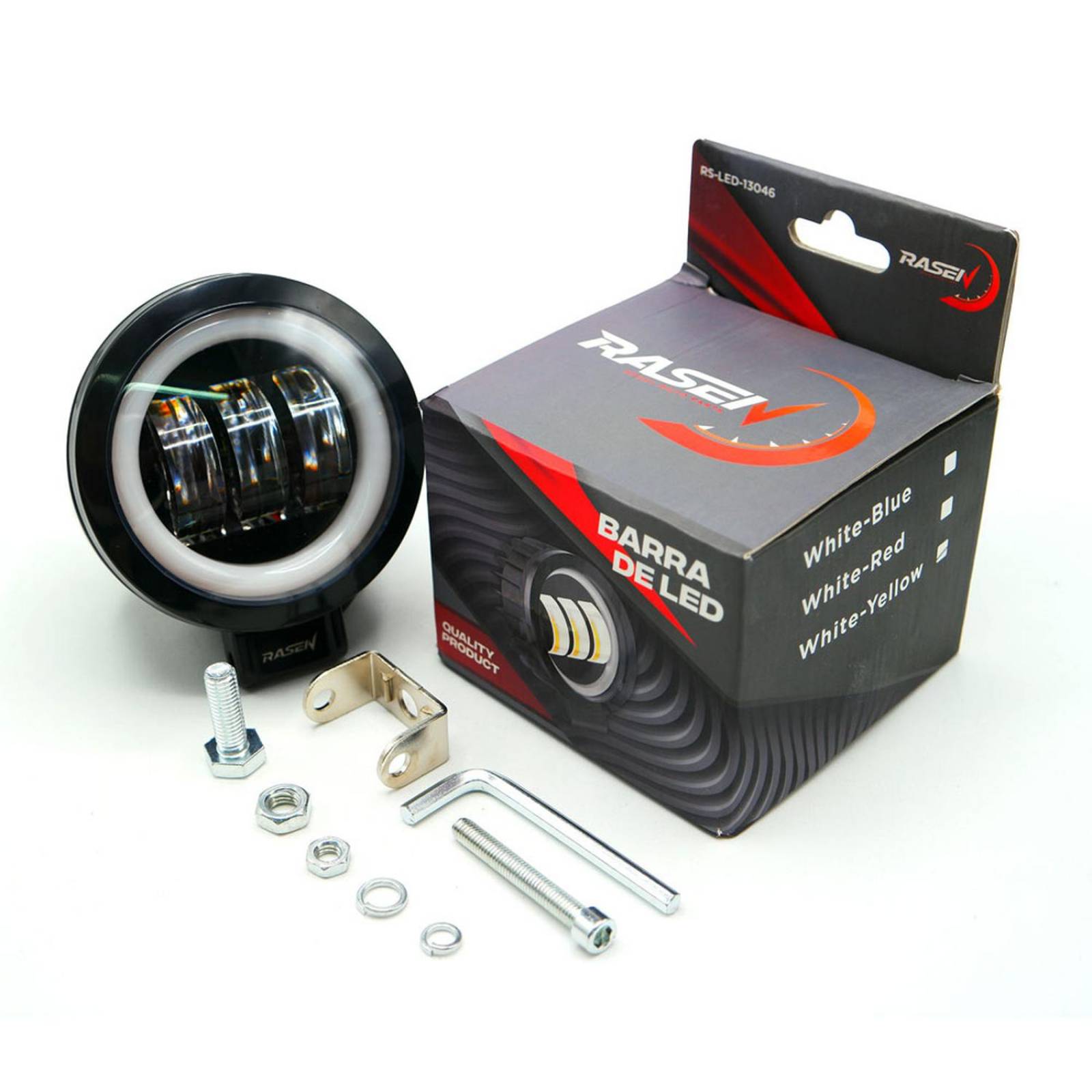 Faro Para Moto Rasen Redondo 3 Led Con Lupa Luz Fija, Estrobo Opcional          Negro BLANCO-AMARILLO